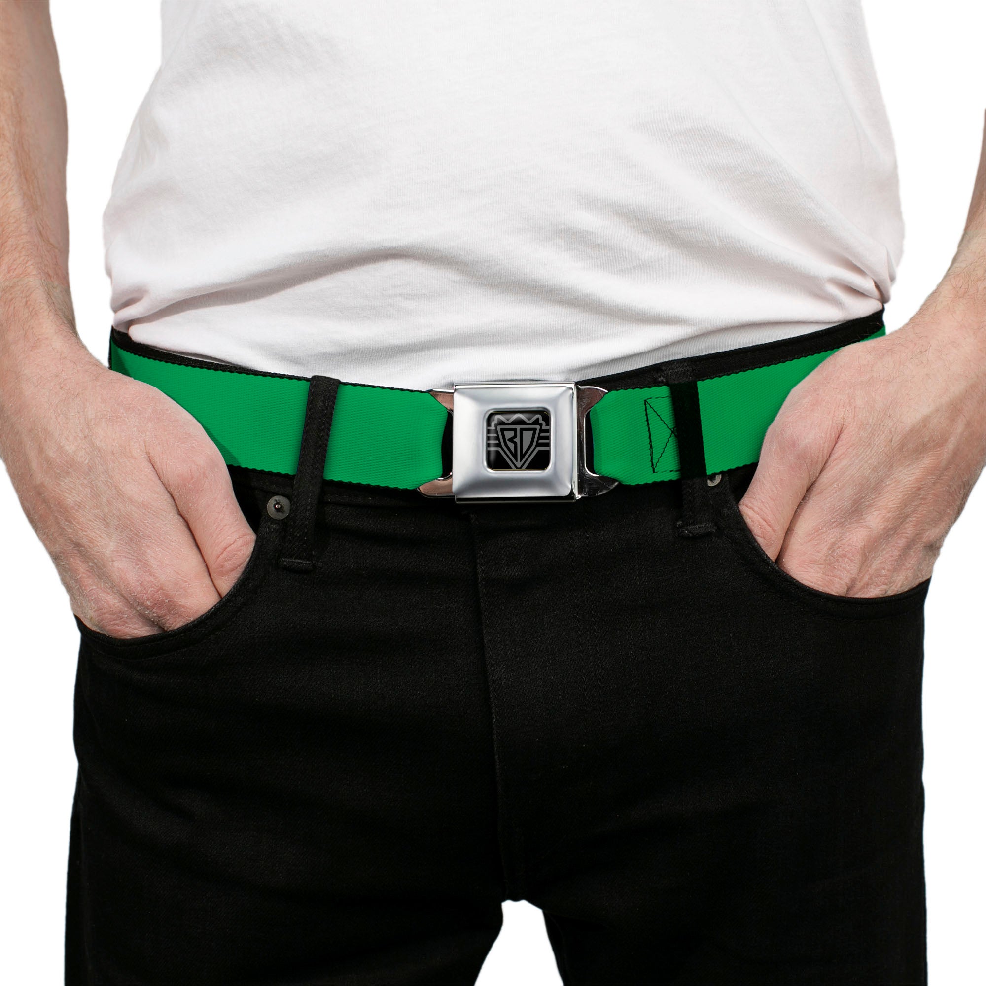 BD Wings Logo CLOSE-UP Full Color Black Silver Seatbelt Belt - St. Paddy Green Webbing Seatbelt Belts Buckle-Down