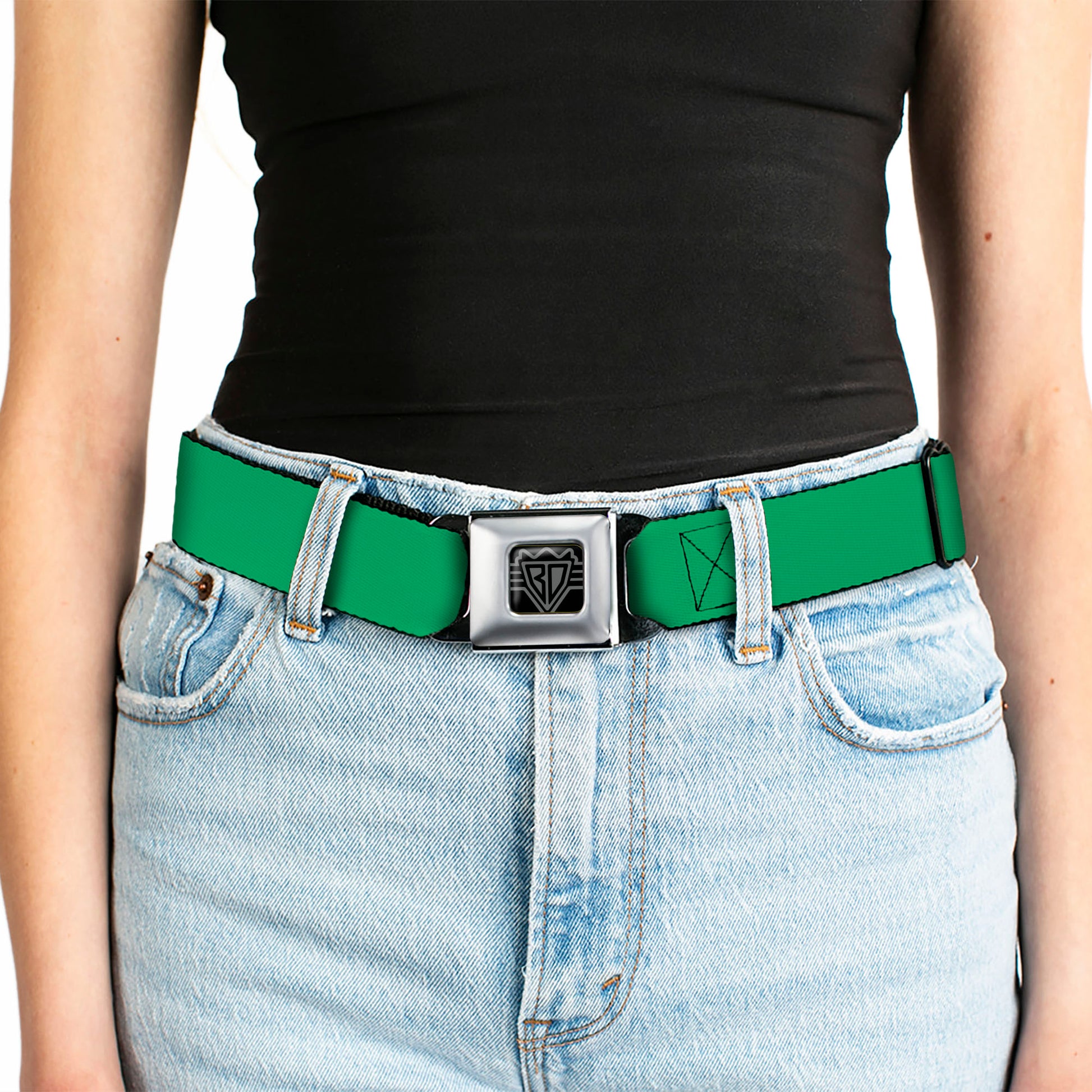 BD Wings Logo CLOSE-UP Full Color Black Silver Seatbelt Belt - St. Paddy Green Webbing Seatbelt Belts Buckle-Down