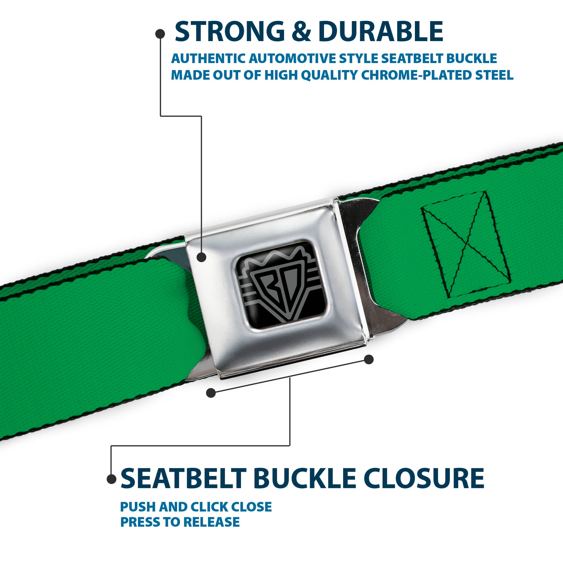 BD Wings Logo CLOSE-UP Full Color Black Silver Seatbelt Belt - St. Paddy Green Webbing Seatbelt Belts Buckle-Down