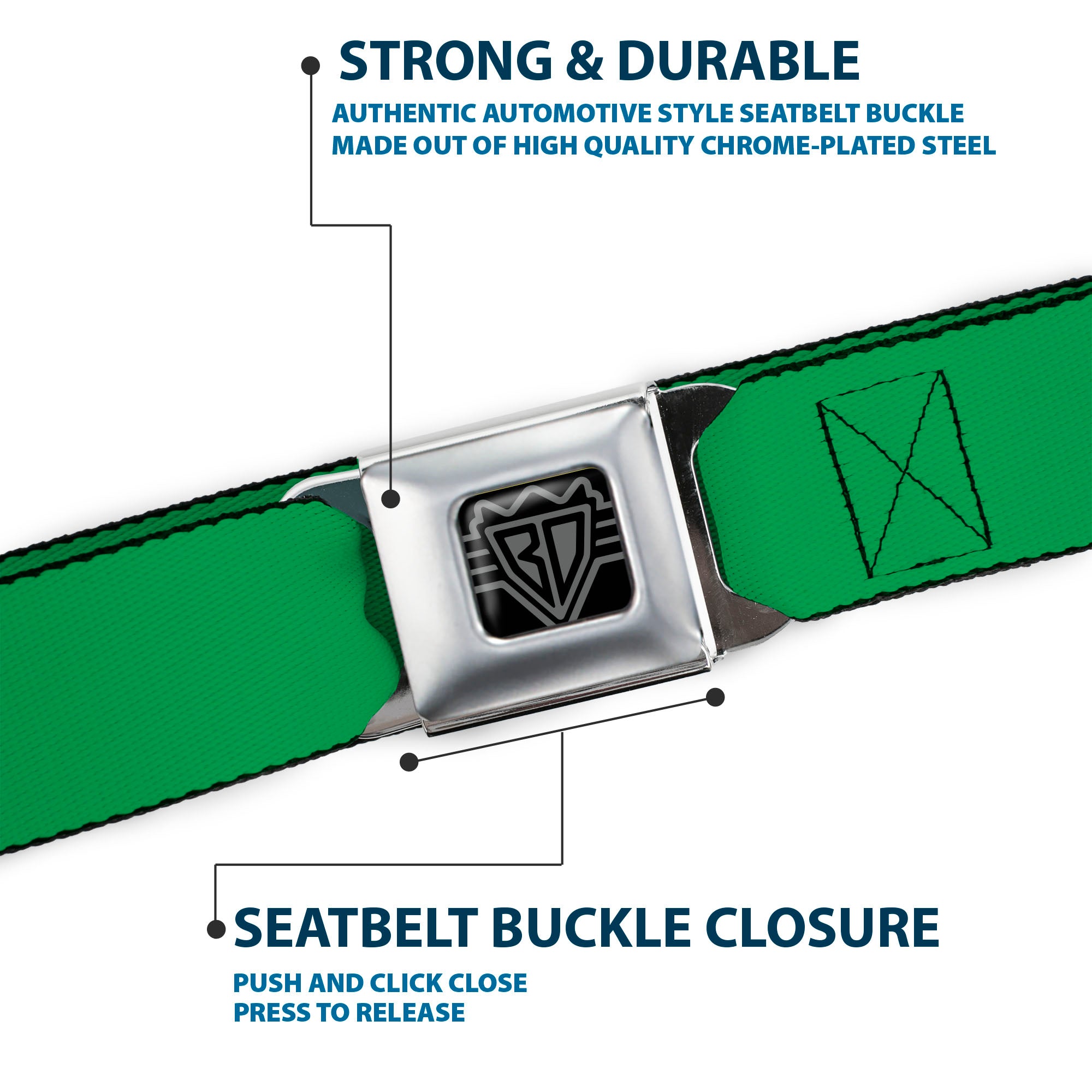BD Wings Logo CLOSE-UP Full Color Black Silver Seatbelt Belt - St. Paddy Green Webbing Seatbelt Belts Buckle-Down