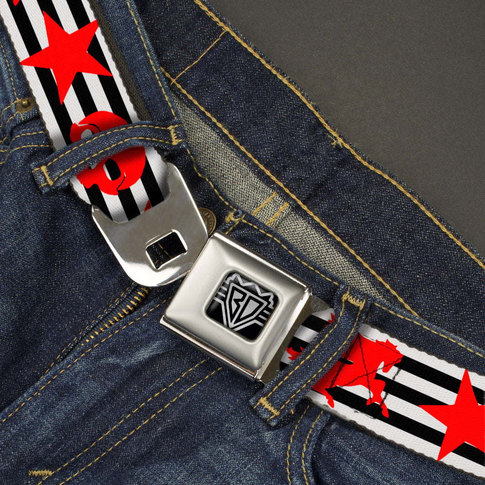 BD Wings Logo CLOSE-UP Full Color Black Silver Seatbelt Belt - Stripes & Stars Black/White/Red Webbing Seatbelt Belts Buckle-Down