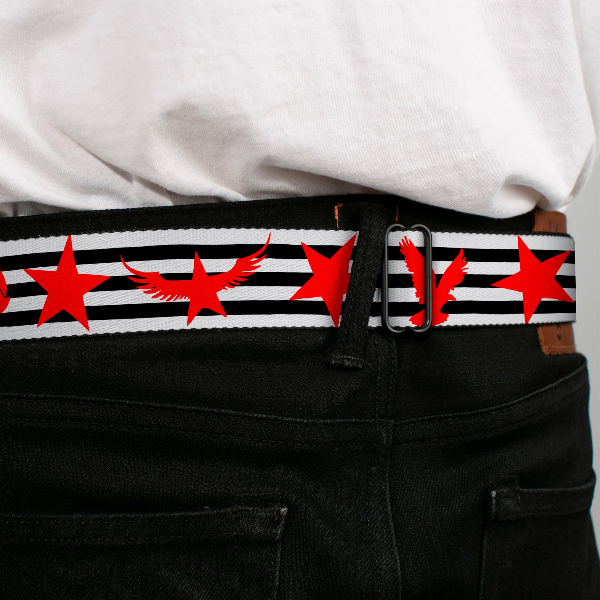 BD Wings Logo CLOSE-UP Full Color Black Silver Seatbelt Belt - Stripes & Stars Black/White/Red Webbing Seatbelt Belts Buckle-Down