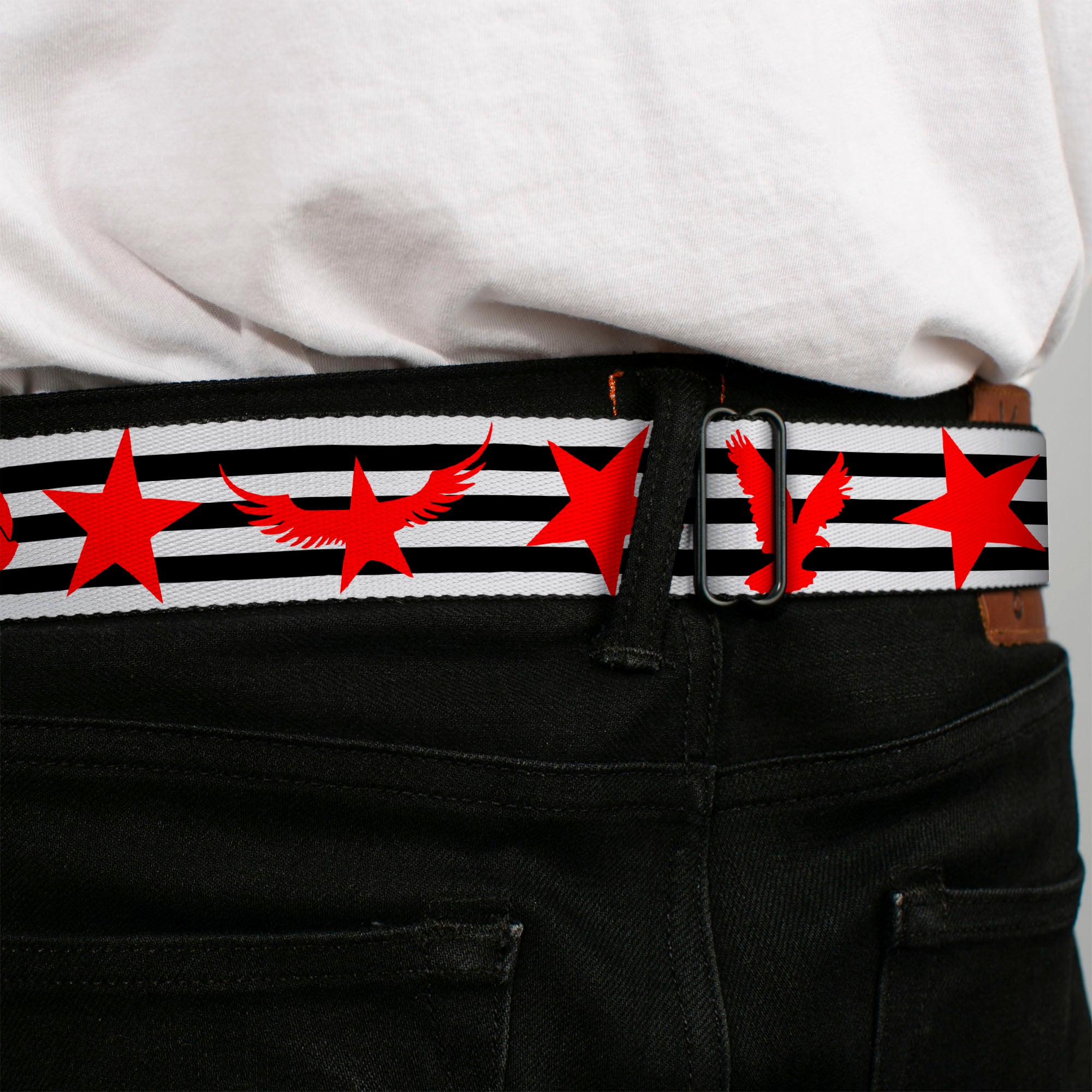 BD Wings Logo CLOSE-UP Full Color Black Silver Seatbelt Belt - Stripes & Stars Black/White/Red Webbing Seatbelt Belts Buckle-Down