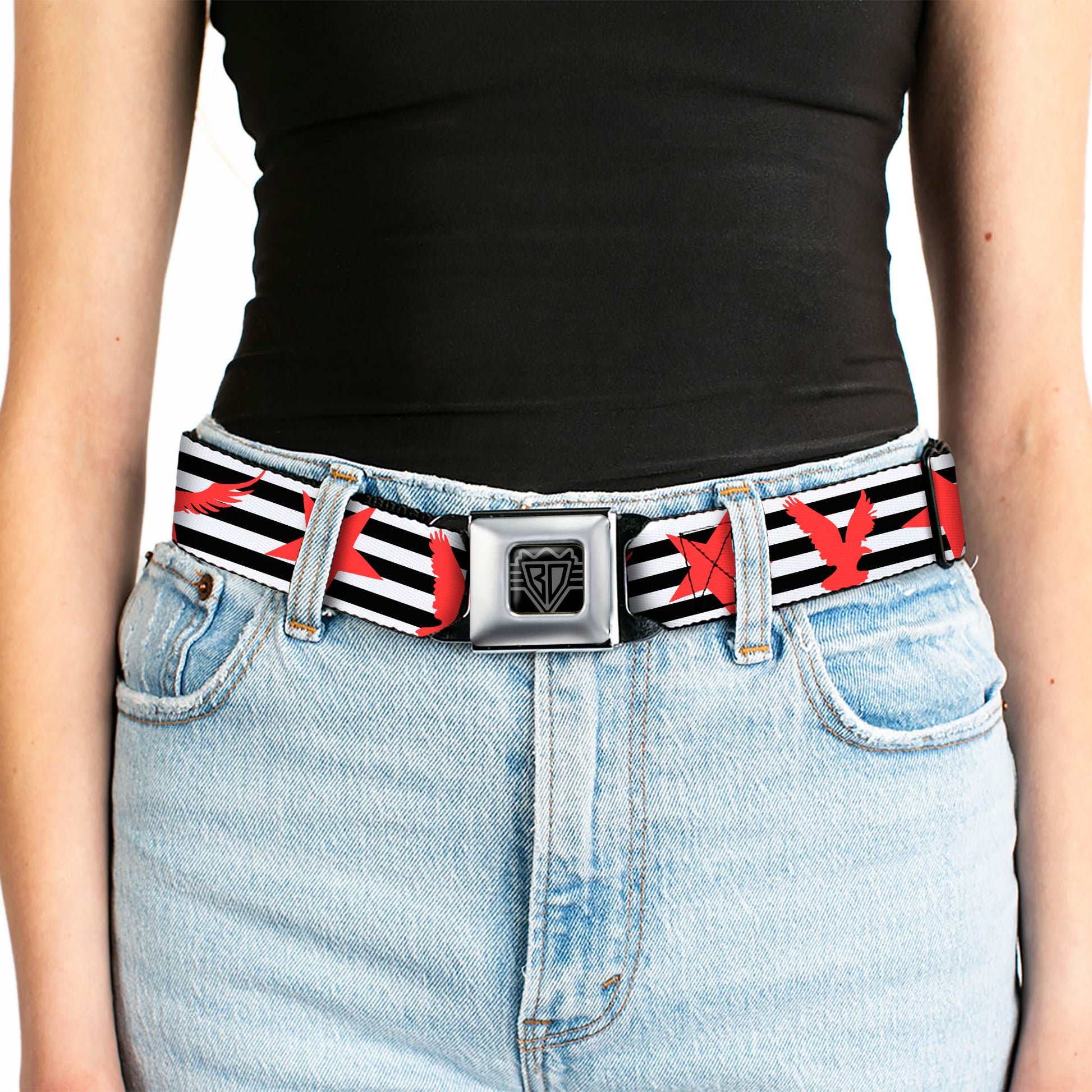 BD Wings Logo CLOSE-UP Full Color Black Silver Seatbelt Belt - Stripes & Stars Black/White/Red Webbing Seatbelt Belts Buckle-Down