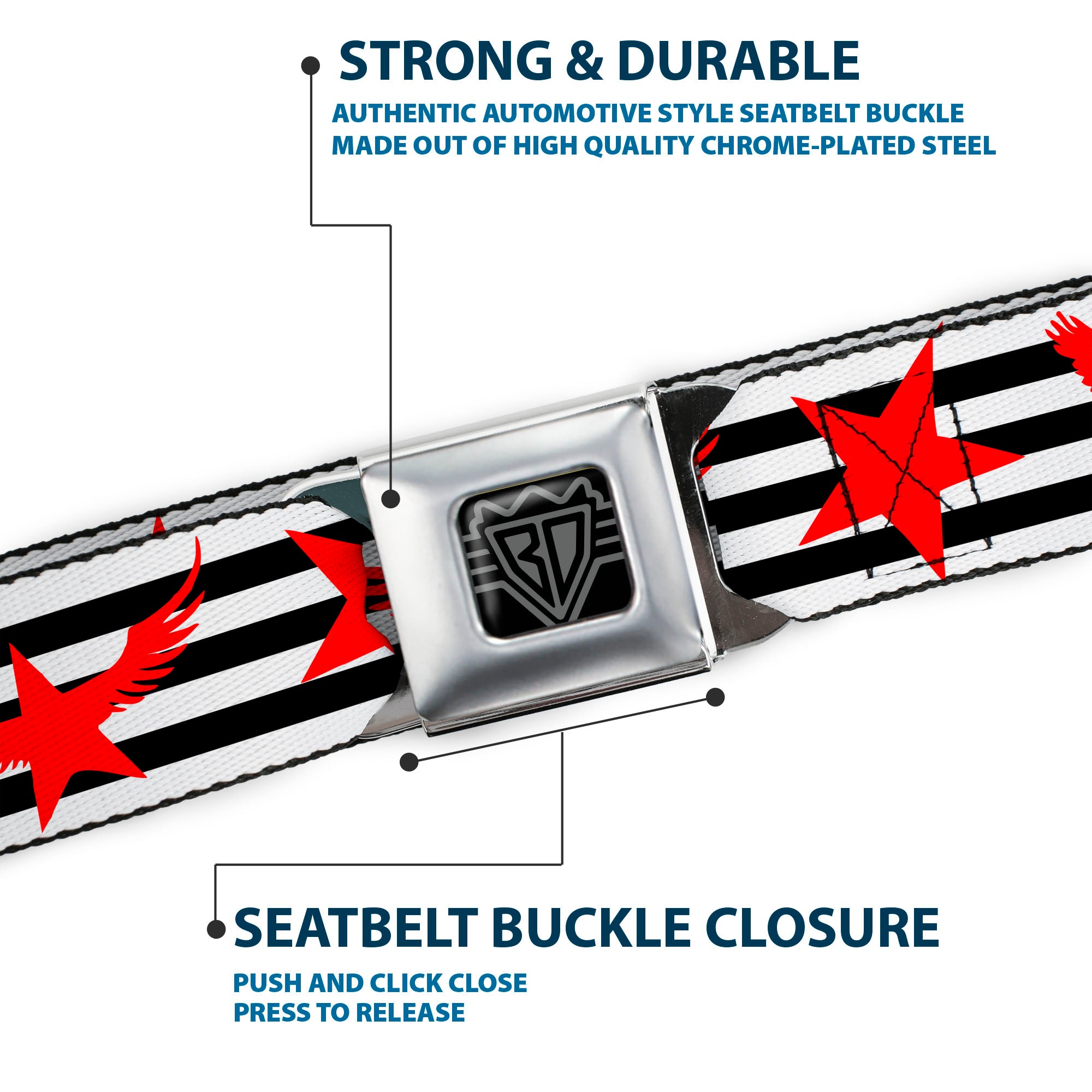 BD Wings Logo CLOSE-UP Full Color Black Silver Seatbelt Belt - Stripes & Stars Black/White/Red Webbing Seatbelt Belts Buckle-Down