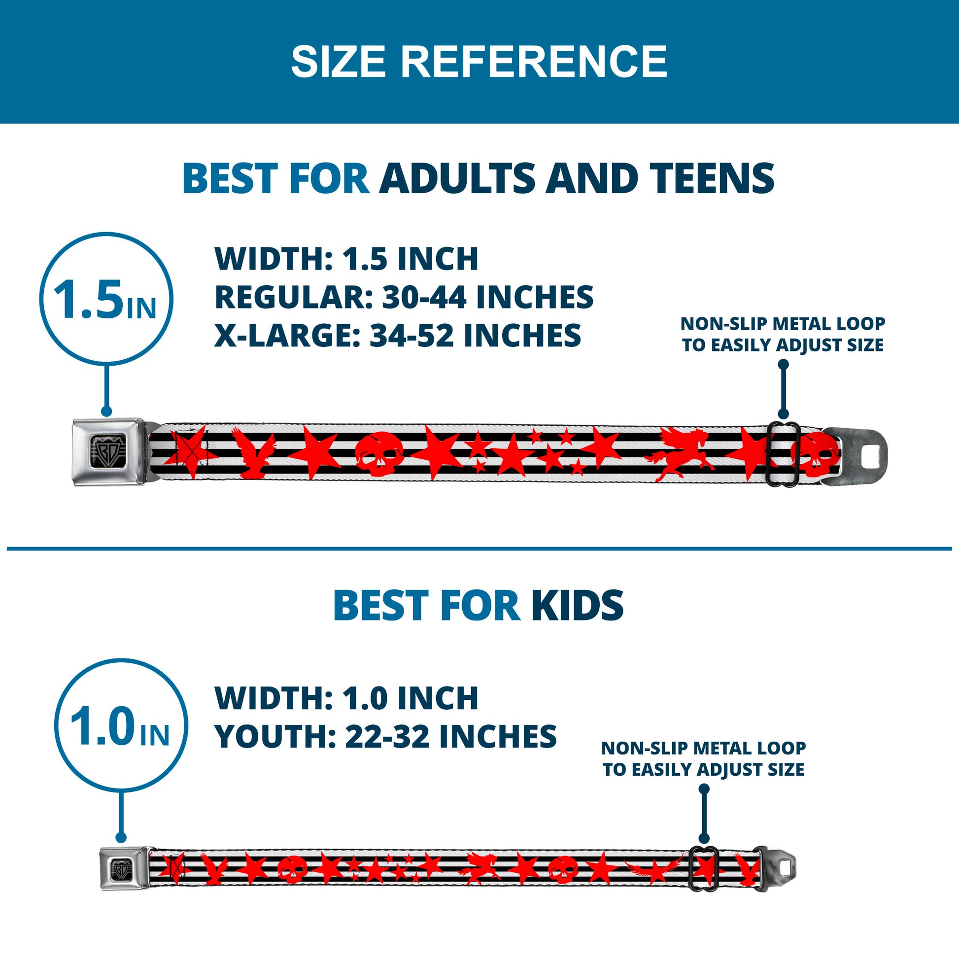 BD Wings Logo CLOSE-UP Full Color Black Silver Seatbelt Belt - Stripes & Stars Black/White/Red Webbing Seatbelt Belts Buckle-Down