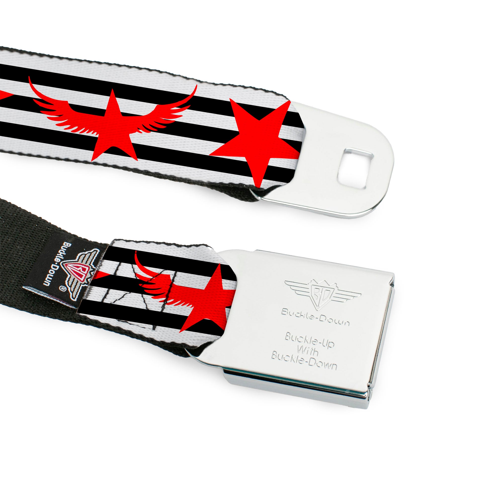 BD Wings Logo CLOSE-UP Full Color Black Silver Seatbelt Belt - Stripes & Stars Black/White/Red Webbing Seatbelt Belts Buckle-Down