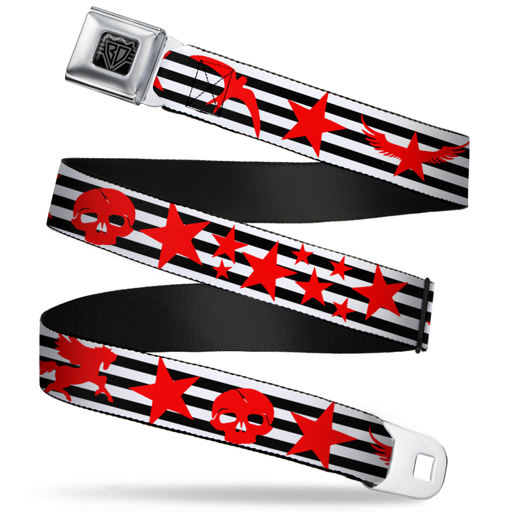 BD Wings Logo CLOSE-UP Full Color Black Silver Seatbelt Belt - Stripes & Stars Black/White/Red Webbing Seatbelt Belts Buckle-Down