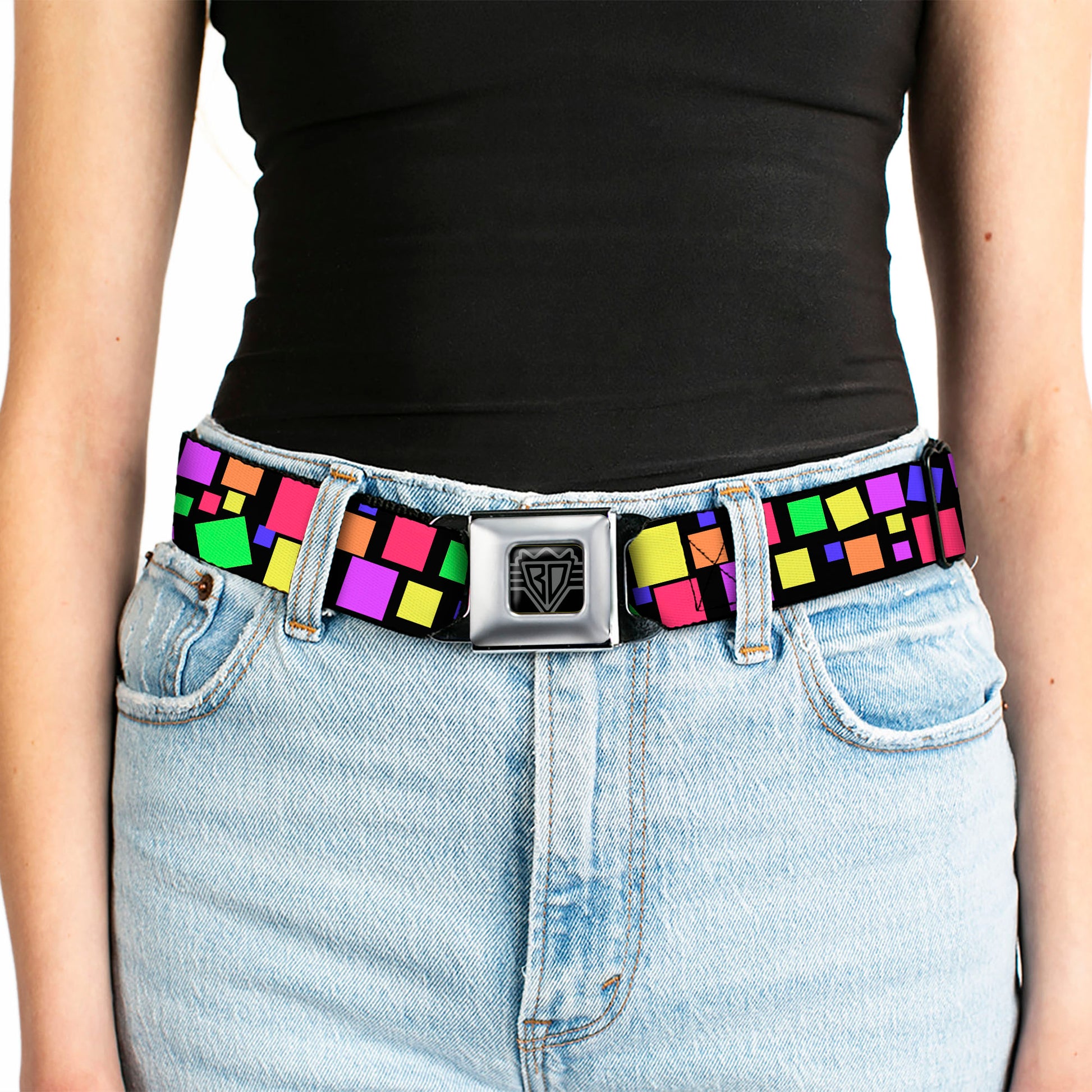 BD Wings Logo CLOSE-UP Full Color Black Silver Seatbelt Belt - Squares Black/Multi Color Webbing Seatbelt Belts Buckle-Down