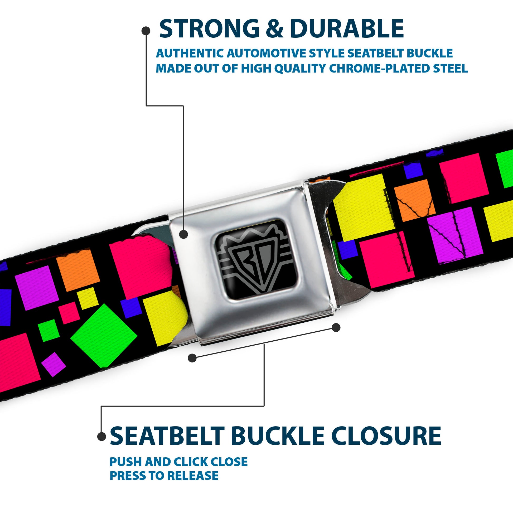 BD Wings Logo CLOSE-UP Full Color Black Silver Seatbelt Belt - Squares Black/Multi Color Webbing Seatbelt Belts Buckle-Down