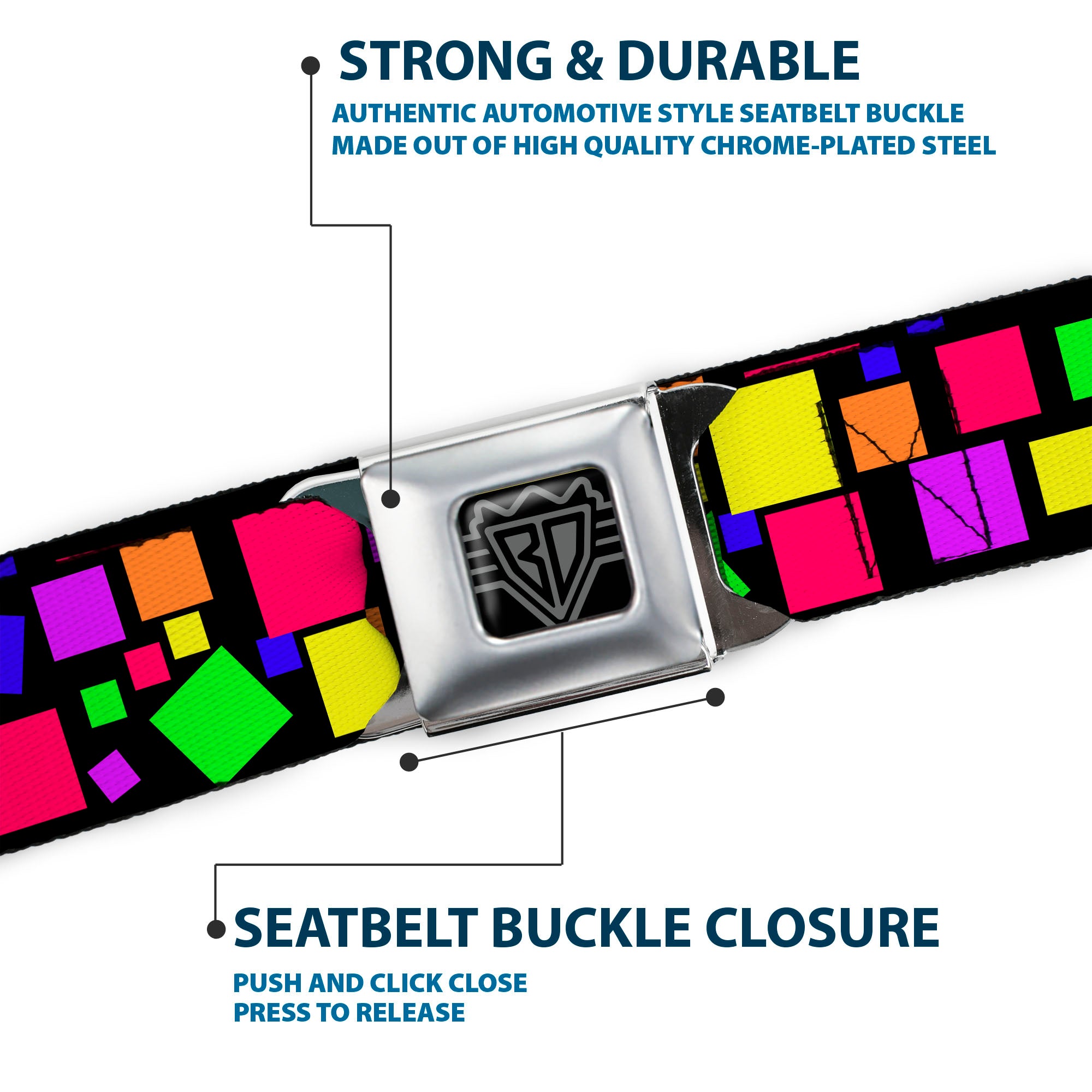 BD Wings Logo CLOSE-UP Full Color Black Silver Seatbelt Belt - Squares Black/Multi Color Webbing Seatbelt Belts Buckle-Down