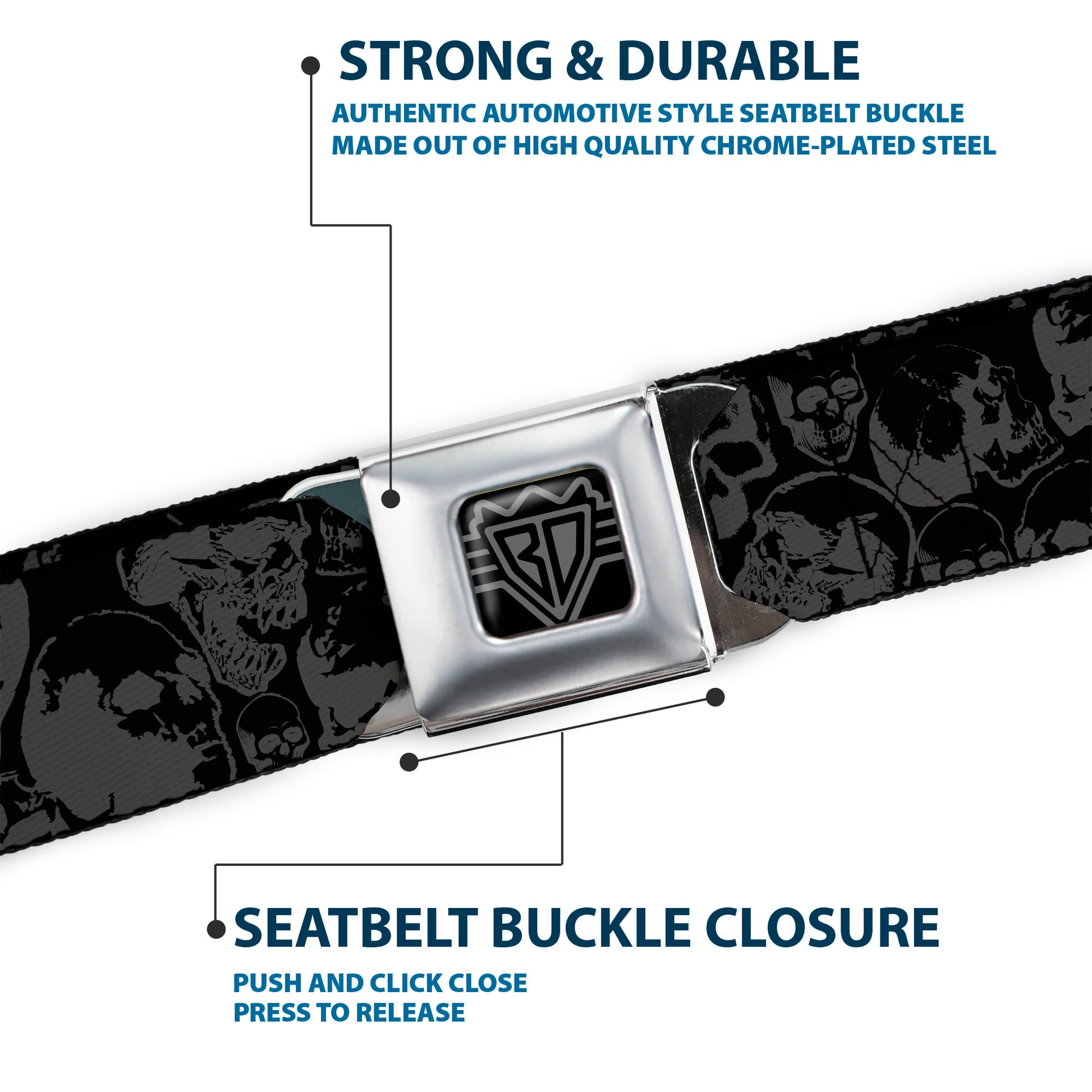 BD Wings Logo CLOSE-UP Full Color Black Silver Seatbelt Belt - Skull Pile Black/Gray Webbing Seatbelt Belts Buckle-Down