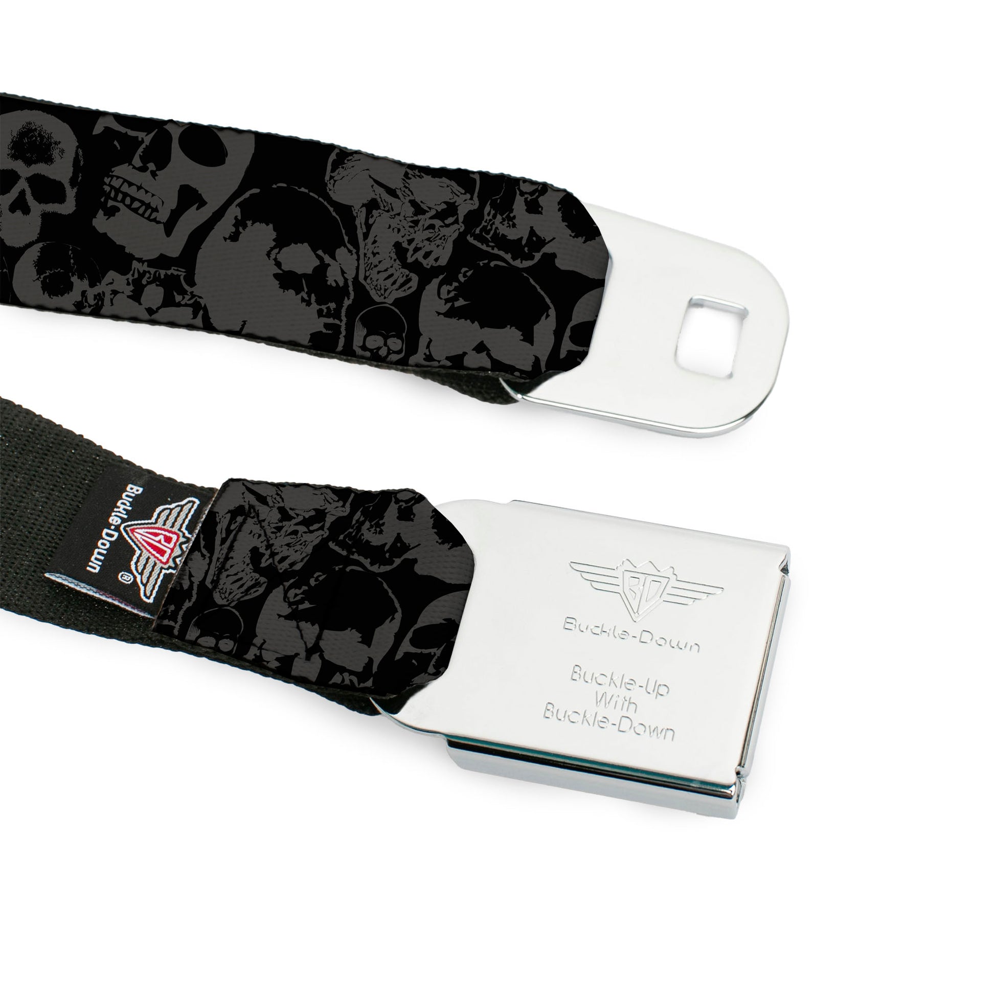 BD Wings Logo CLOSE-UP Full Color Black Silver Seatbelt Belt - Skull Pile Black/Gray Webbing Seatbelt Belts Buckle-Down