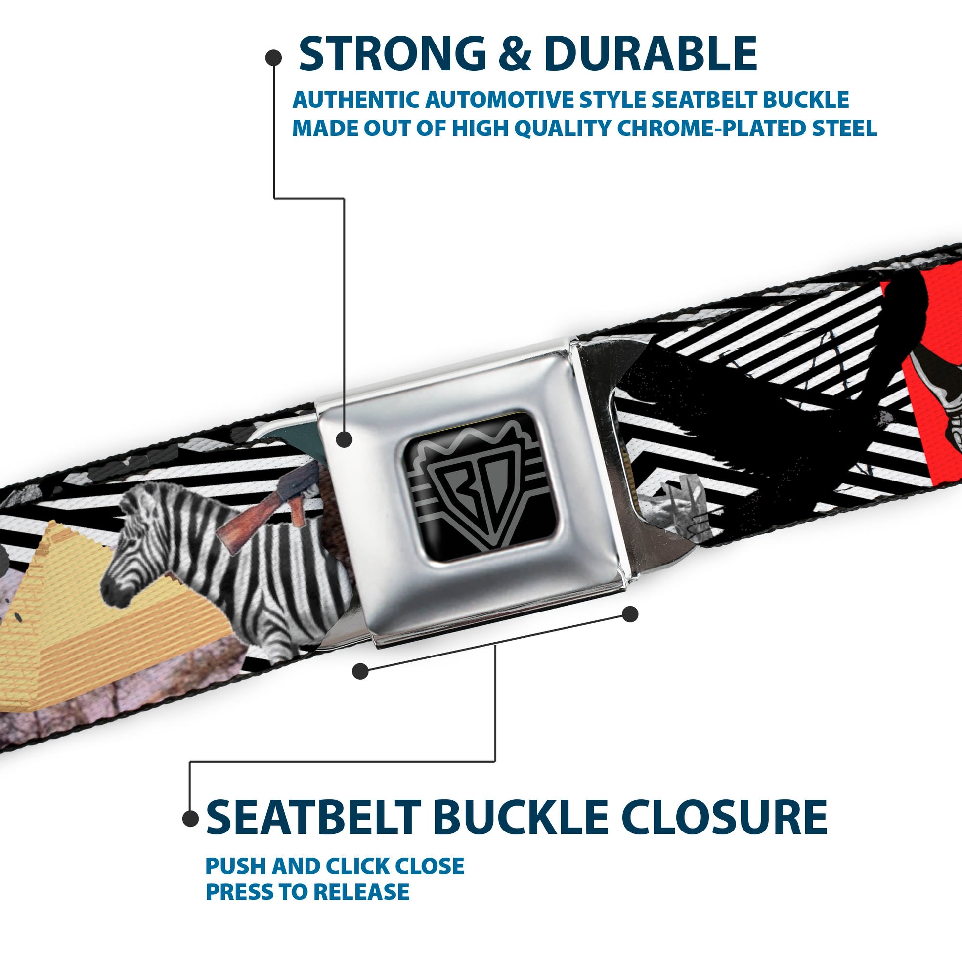 BD Wings Logo CLOSE-UP Full Color Black Silver Seatbelt Belt - Safari Webbing Seatbelt Belts Buckle-Down