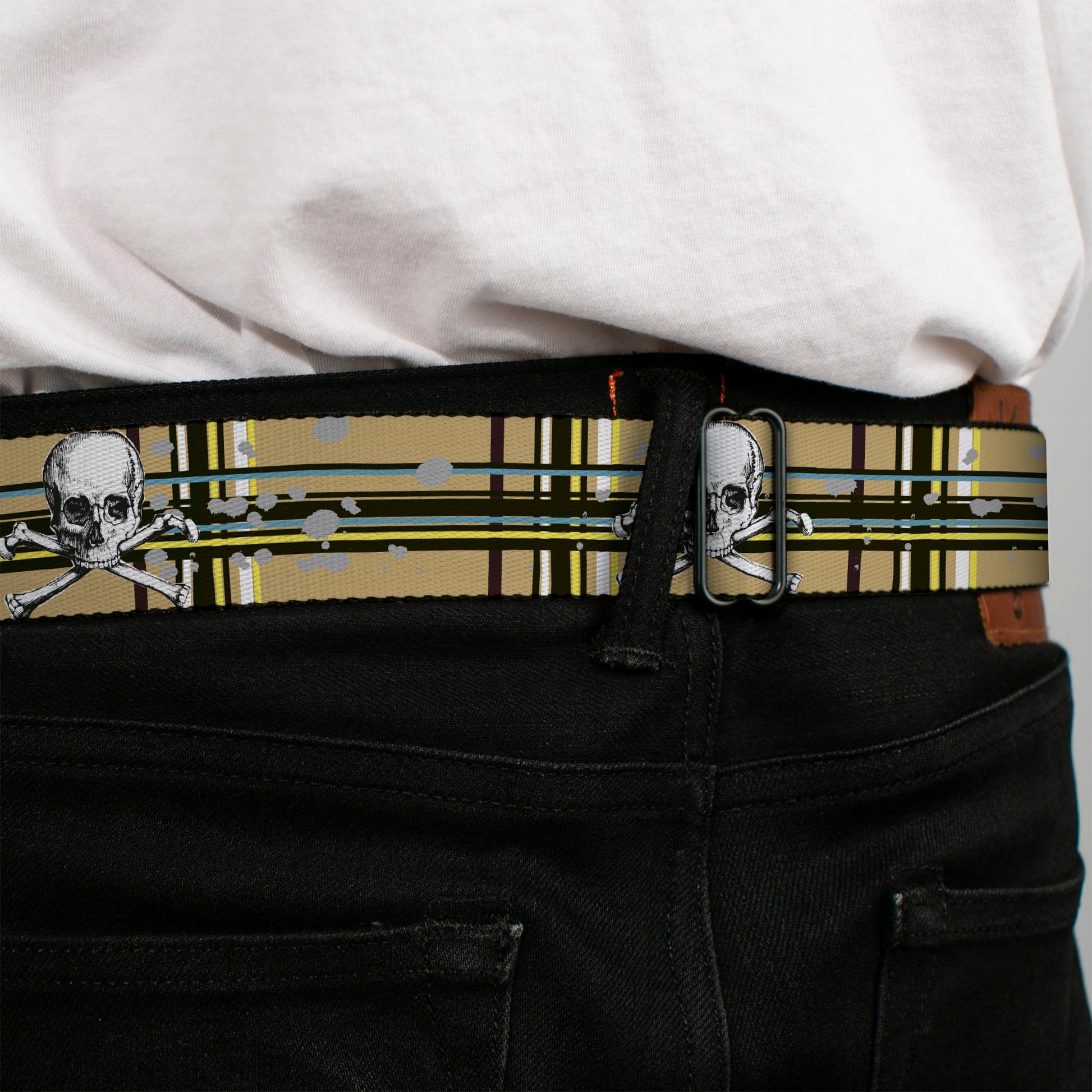 BD Wings Logo CLOSE-UP Full Color Black Silver Seatbelt Belt - Skull & Cross Bones Plaid Tan Webbing Seatbelt Belts Buckle-Down