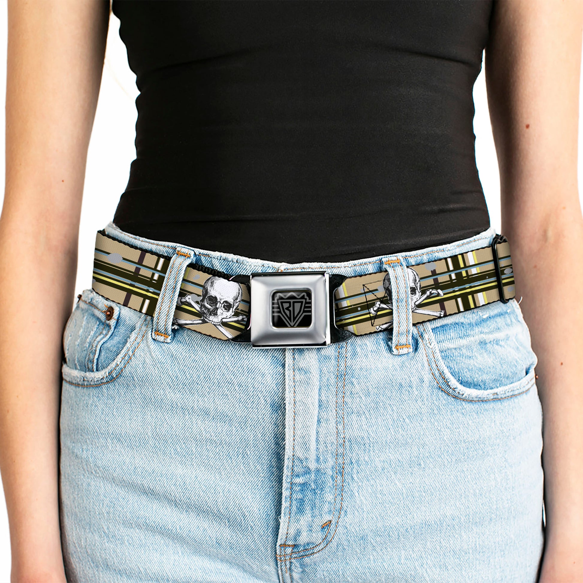 BD Wings Logo CLOSE-UP Full Color Black Silver Seatbelt Belt - Skull & Cross Bones Plaid Tan Webbing Seatbelt Belts Buckle-Down