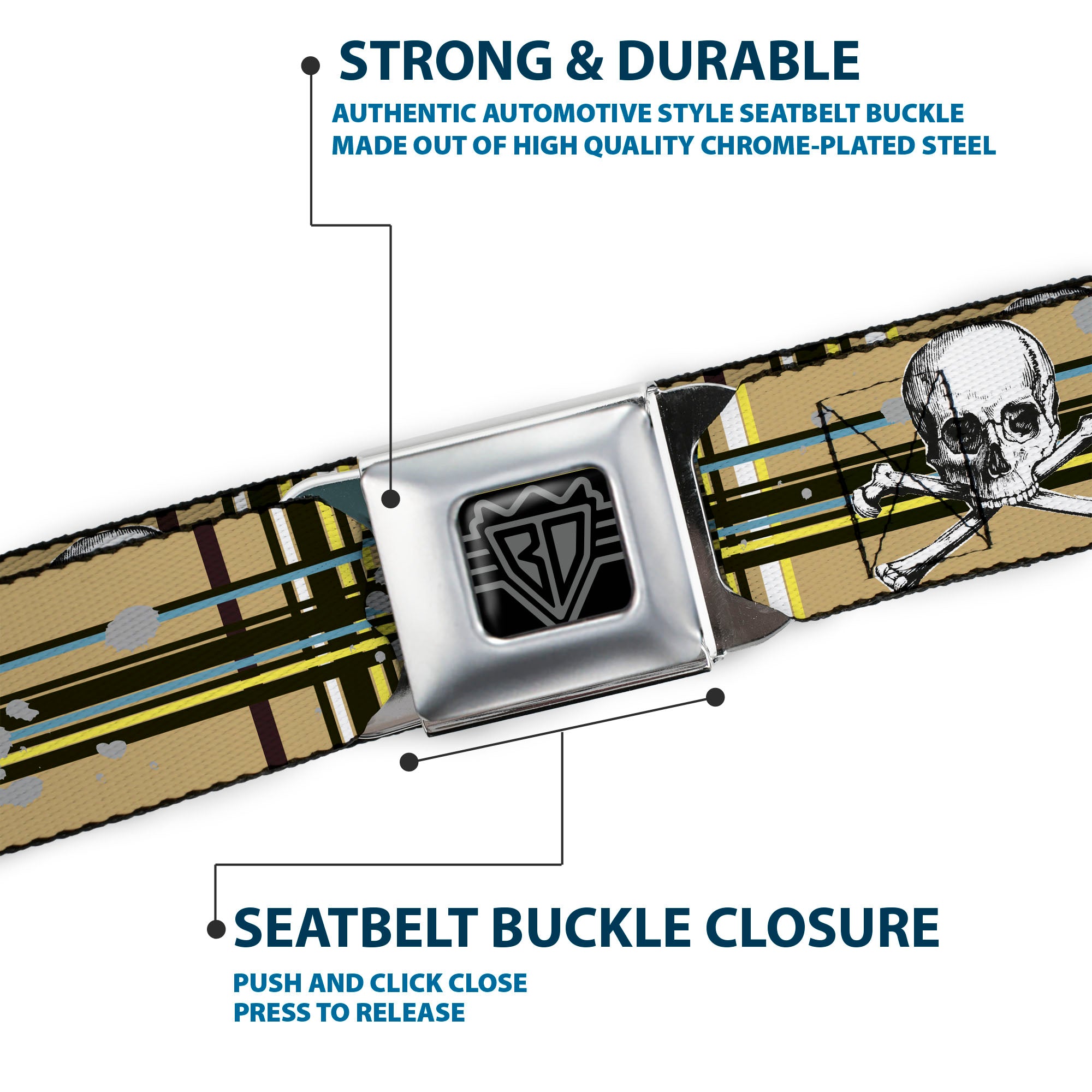 BD Wings Logo CLOSE-UP Full Color Black Silver Seatbelt Belt - Skull & Cross Bones Plaid Tan Webbing Seatbelt Belts Buckle-Down