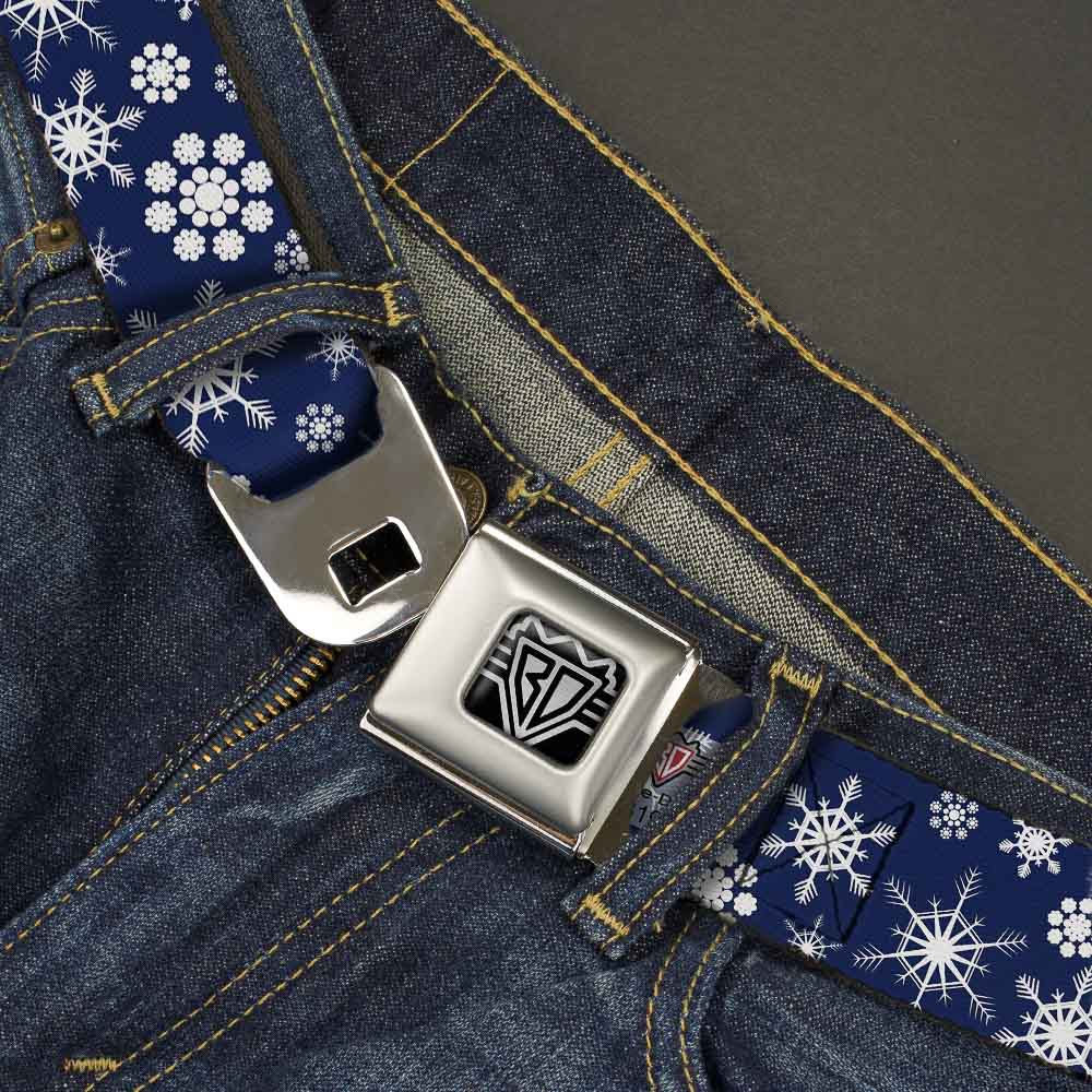 BD Wings Logo CLOSE-UP Full Color Black Silver Seatbelt Belt - Snowflakes Blue/White Webbing Seatbelt Belts Buckle-Down
