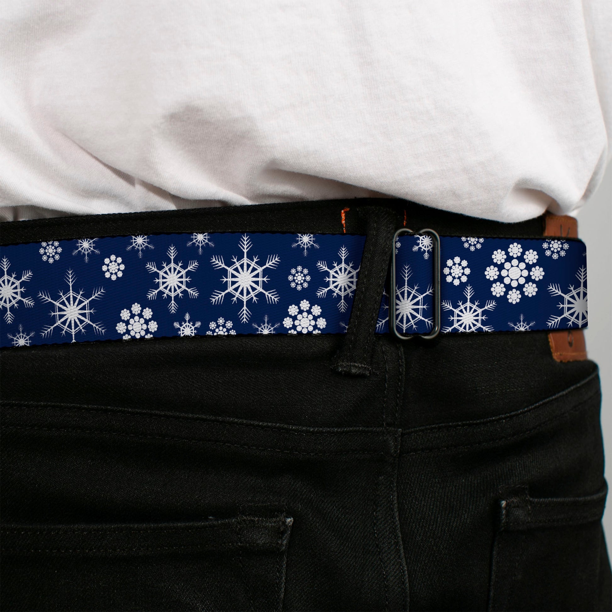 BD Wings Logo CLOSE-UP Full Color Black Silver Seatbelt Belt - Snowflakes Blue/White Webbing Seatbelt Belts Buckle-Down