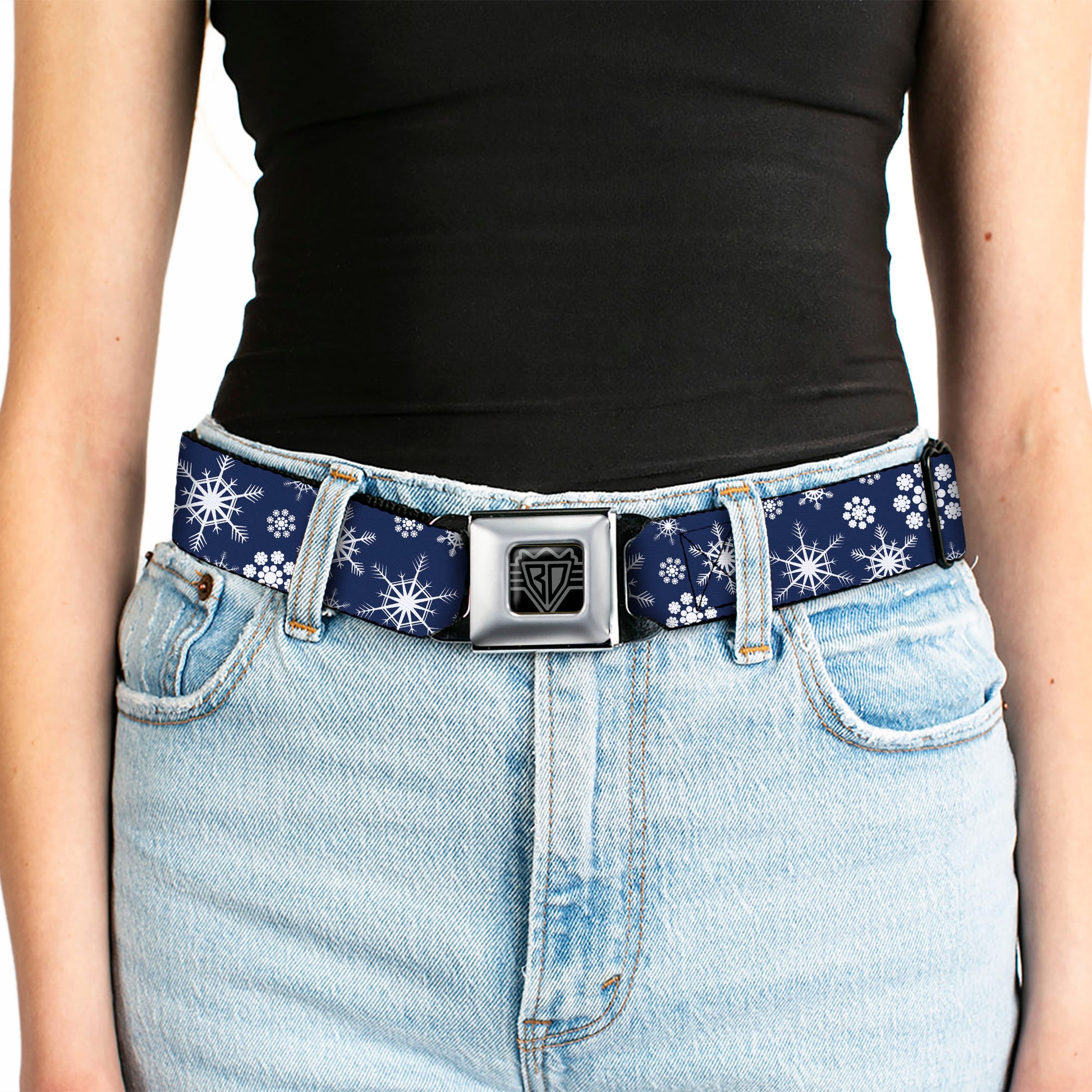 BD Wings Logo CLOSE-UP Full Color Black Silver Seatbelt Belt - Snowflakes Blue/White Webbing Seatbelt Belts Buckle-Down