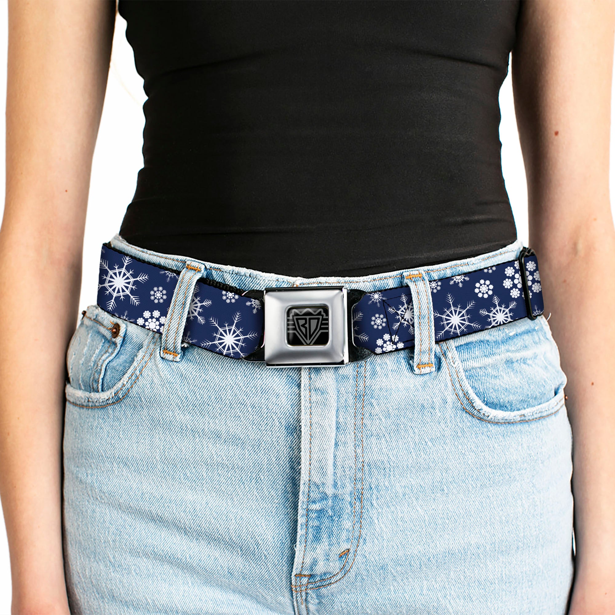 BD Wings Logo CLOSE-UP Full Color Black Silver Seatbelt Belt - Snowflakes Blue/White Webbing Seatbelt Belts Buckle-Down