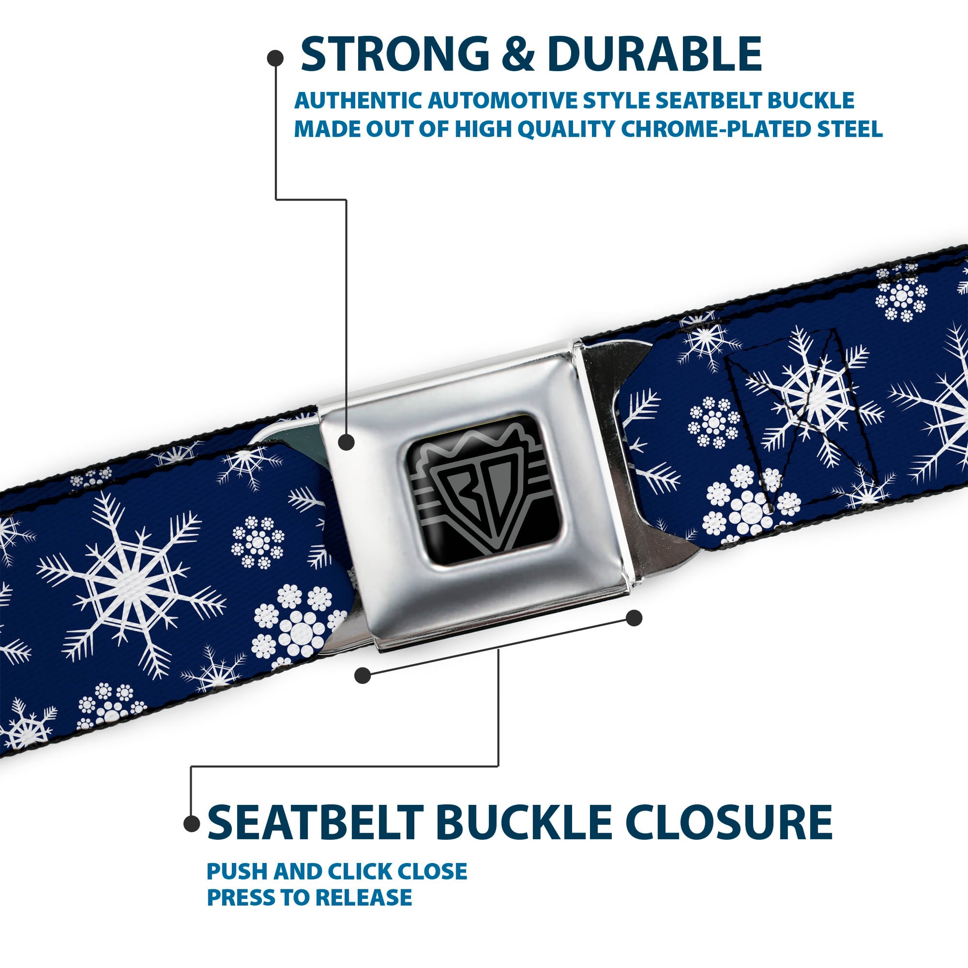 BD Wings Logo CLOSE-UP Full Color Black Silver Seatbelt Belt - Snowflakes Blue/White Webbing Seatbelt Belts Buckle-Down