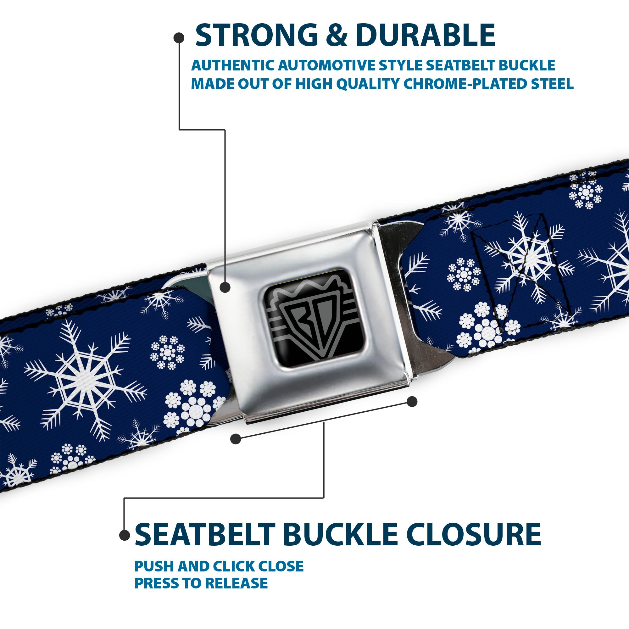 BD Wings Logo CLOSE-UP Full Color Black Silver Seatbelt Belt - Snowflakes Blue/White Webbing Seatbelt Belts Buckle-Down