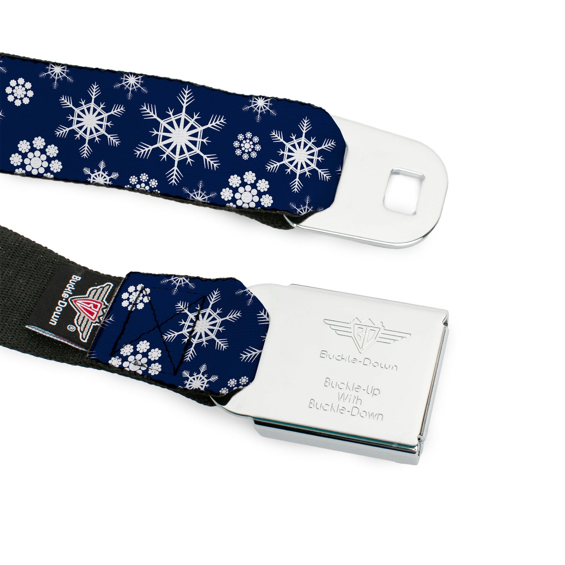 BD Wings Logo CLOSE-UP Full Color Black Silver Seatbelt Belt - Snowflakes Blue/White Webbing Seatbelt Belts Buckle-Down