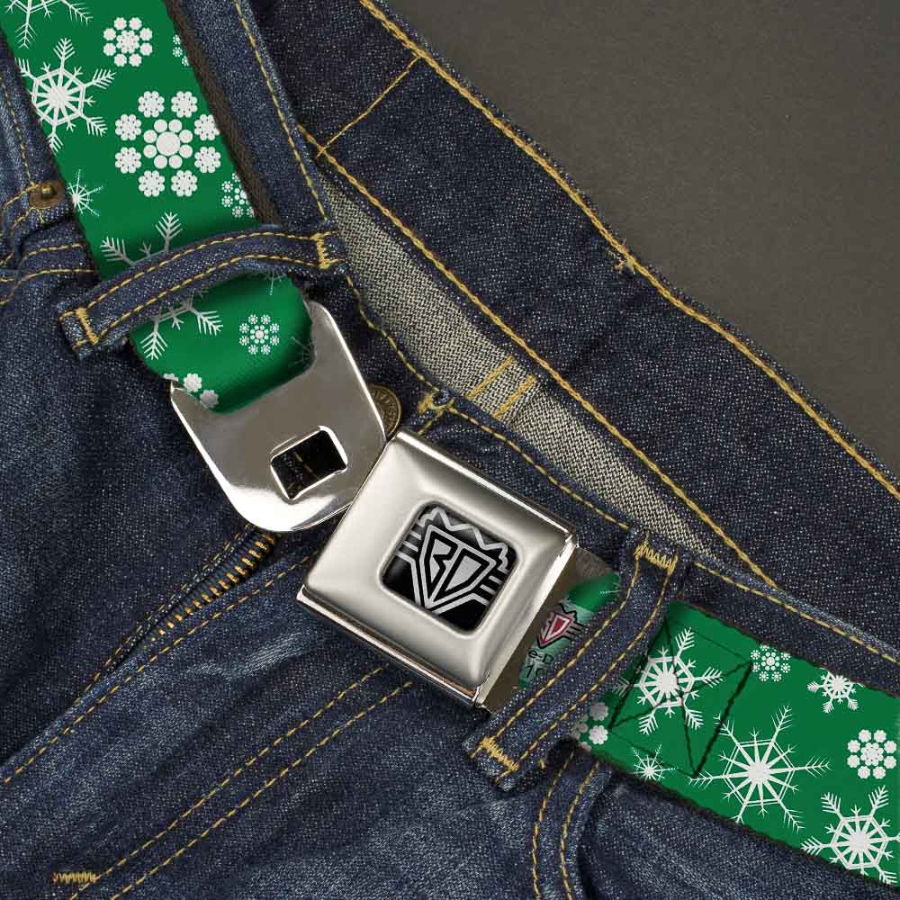 BD Wings Logo CLOSE-UP Full Color Black Silver Seatbelt Belt - Snowflakes Green/White Webbing Seatbelt Belts Buckle-Down