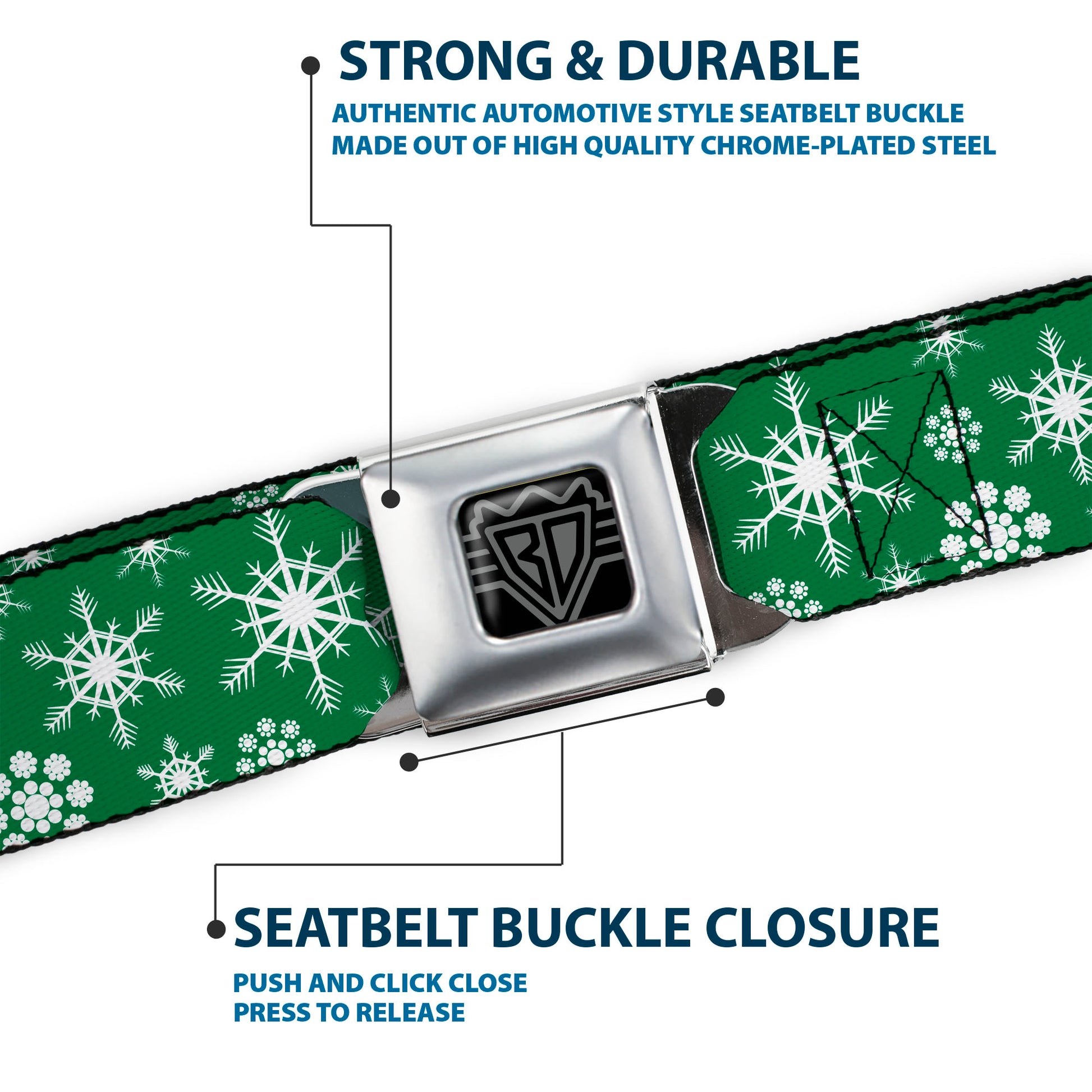 BD Wings Logo CLOSE-UP Full Color Black Silver Seatbelt Belt - Snowflakes Green/White Webbing Seatbelt Belts Buckle-Down
