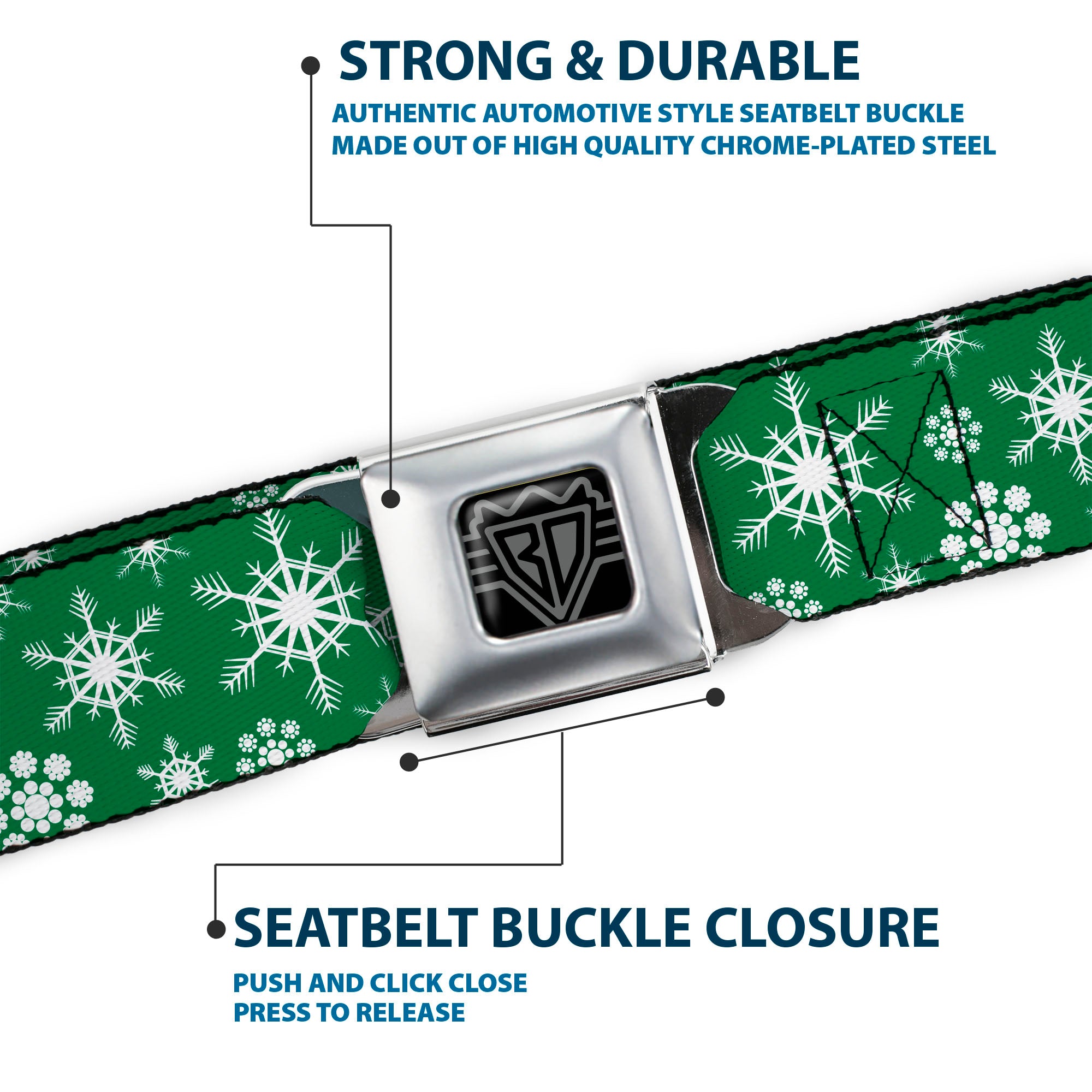 BD Wings Logo CLOSE-UP Full Color Black Silver Seatbelt Belt - Snowflakes Green/White Webbing Seatbelt Belts Buckle-Down
