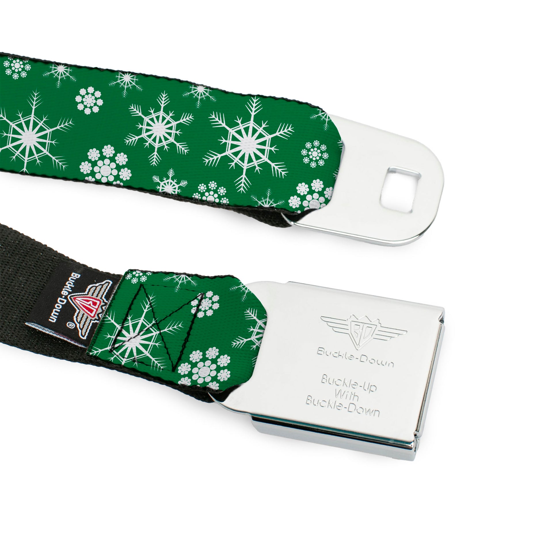 BD Wings Logo CLOSE-UP Full Color Black Silver Seatbelt Belt - Snowflakes Green/White Webbing Seatbelt Belts Buckle-Down