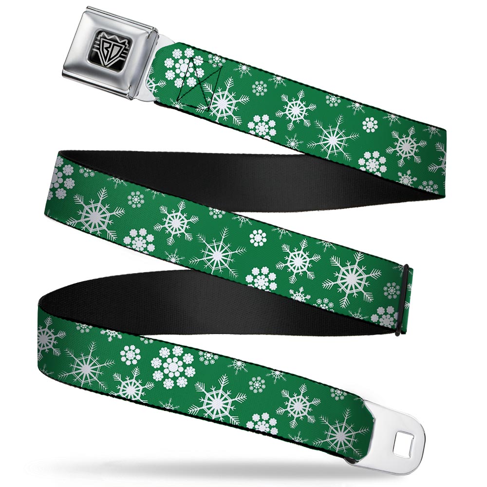 BD Wings Logo CLOSE-UP Full Color Black Silver Seatbelt Belt - Snowflakes Green/White Webbing Seatbelt Belts Buckle-Down