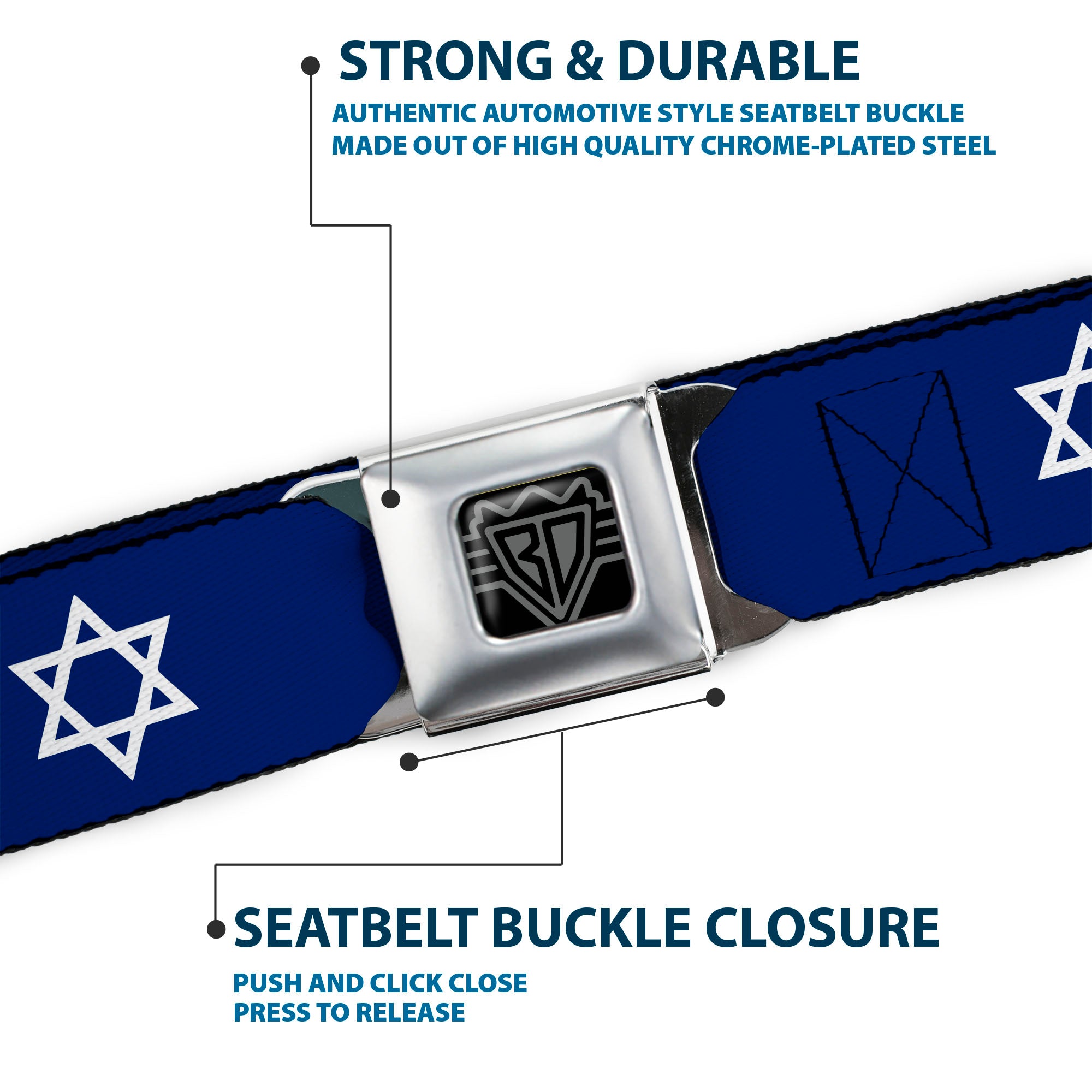 BD Wings Logo CLOSE-UP Full Color Black Silver Seatbelt Belt - Star of David Webbing Seatbelt Belts Buckle-Down
