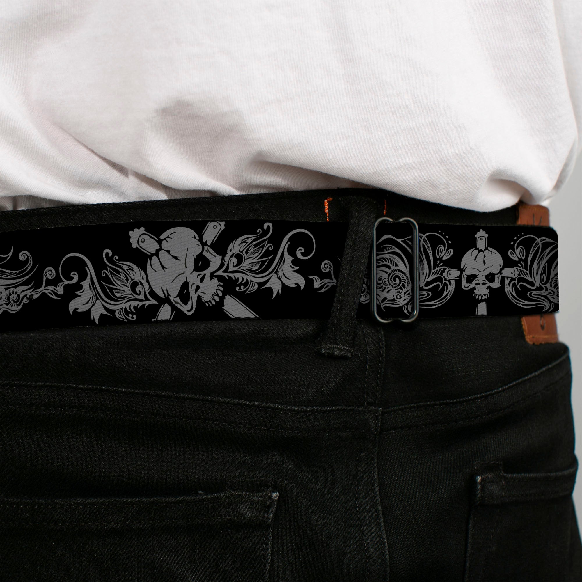 BD Wings Logo CLOSE-UP Full Color Black Silver Seatbelt Belt - Skull & Dagger w/Filigree Black/Gray Webbing Seatbelt Belts Buckle-Down