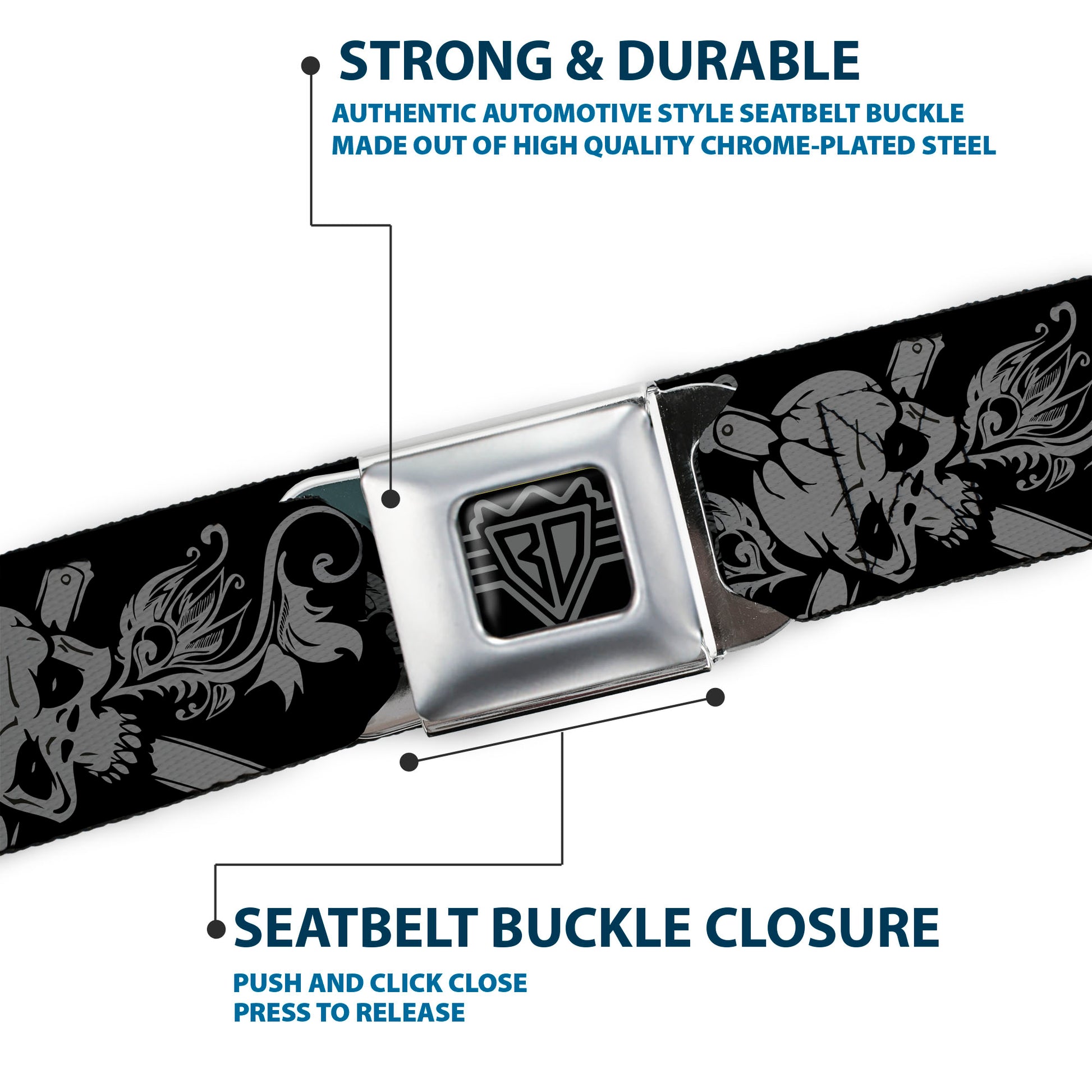 BD Wings Logo CLOSE-UP Full Color Black Silver Seatbelt Belt - Skull & Dagger w/Filigree Black/Gray Webbing Seatbelt Belts Buckle-Down