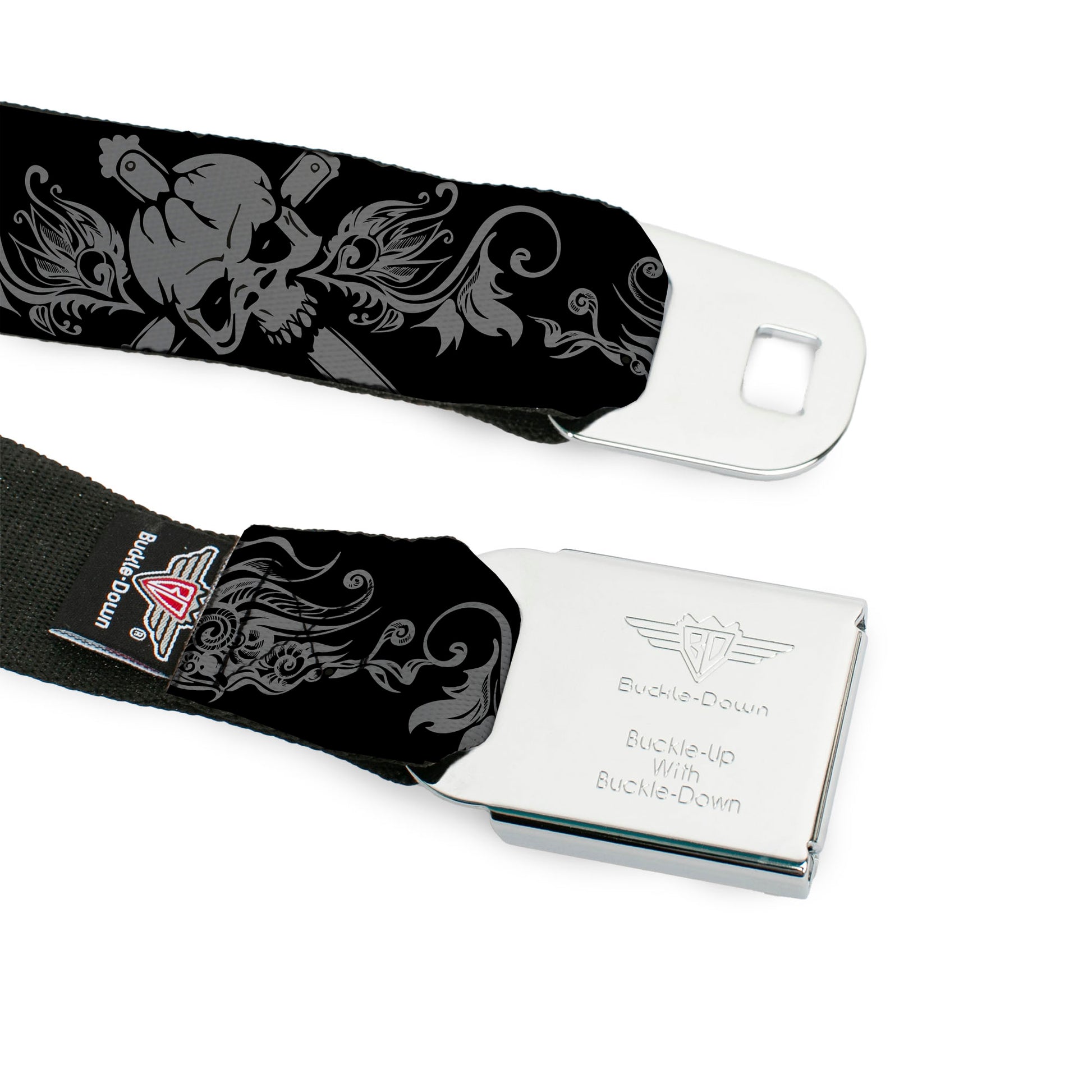 BD Wings Logo CLOSE-UP Full Color Black Silver Seatbelt Belt - Skull & Dagger w/Filigree Black/Gray Webbing Seatbelt Belts Buckle-Down