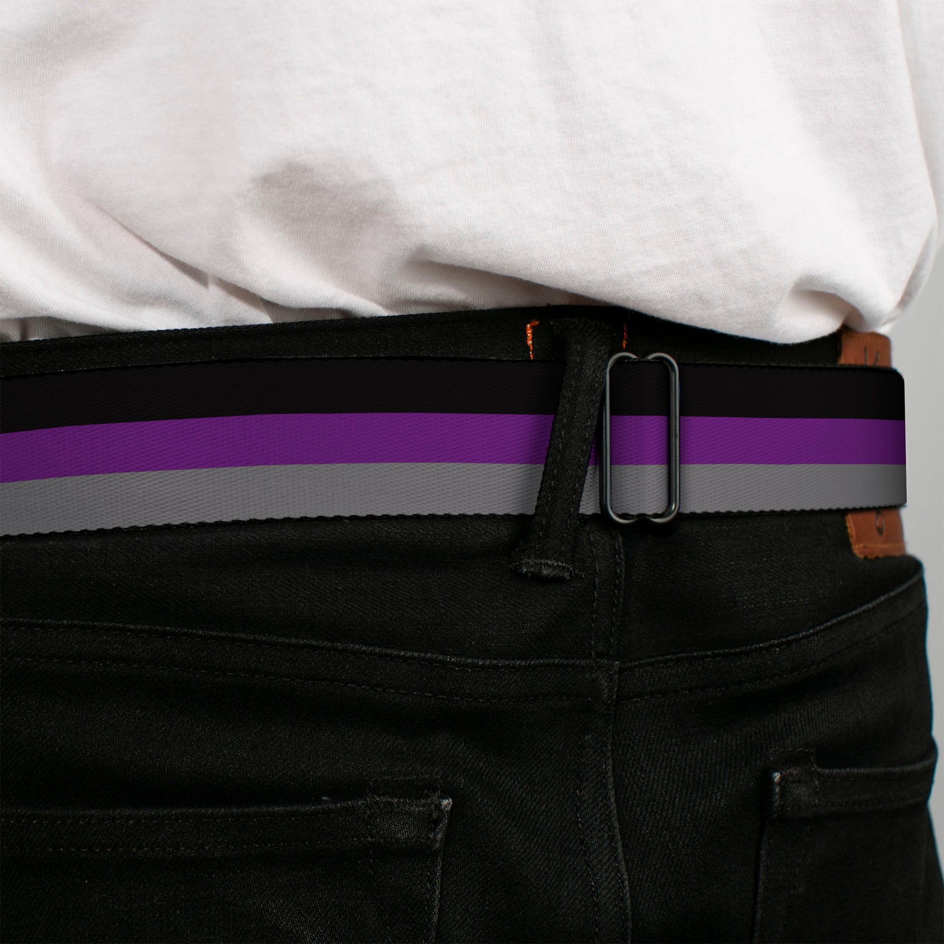 BD Wings Logo CLOSE-UP Full Color Black Silver Seatbelt Belt - Stripes Black/Purple/Gray Webbing Seatbelt Belts Buckle-Down