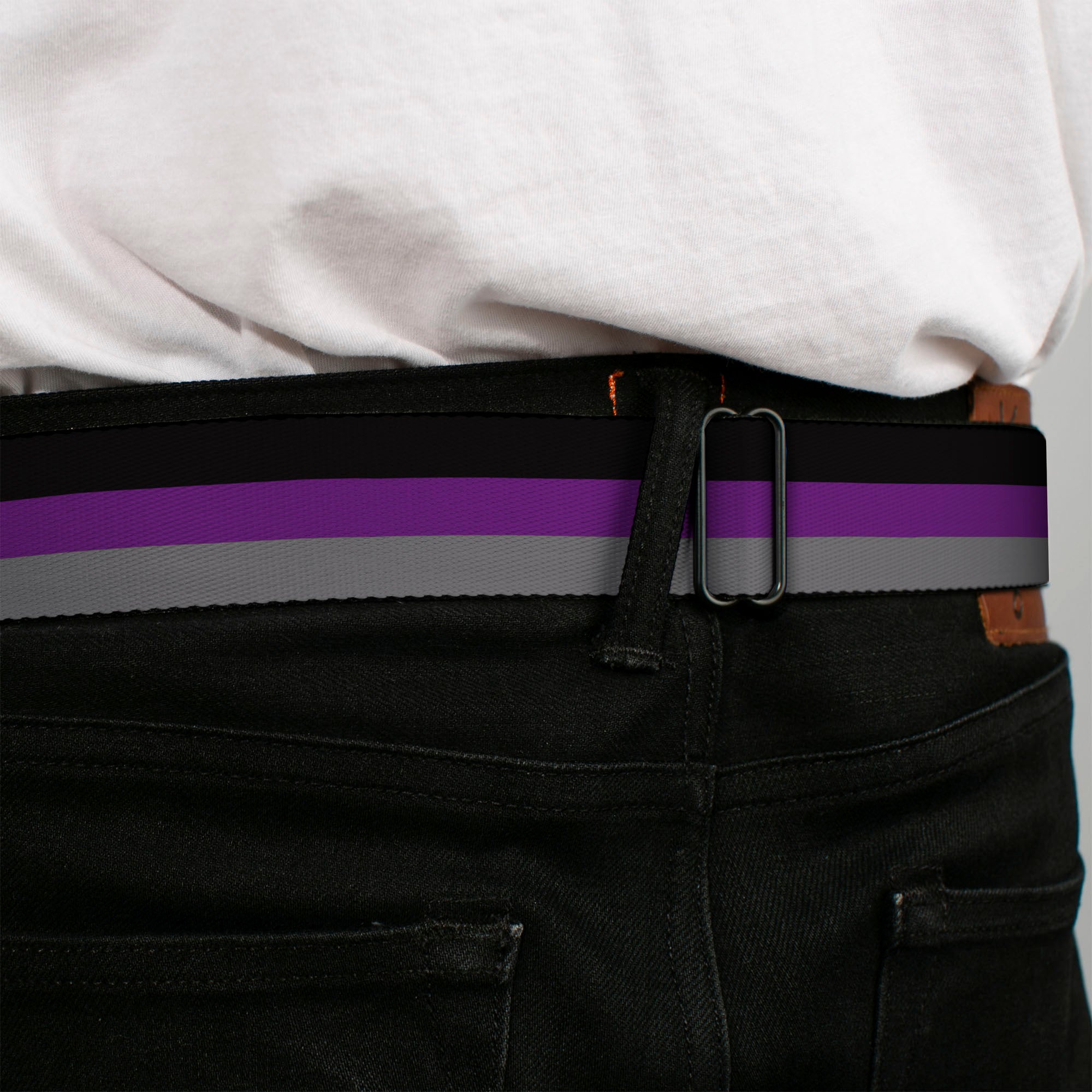 BD Wings Logo CLOSE-UP Full Color Black Silver Seatbelt Belt - Stripes Black/Purple/Gray Webbing Seatbelt Belts Buckle-Down