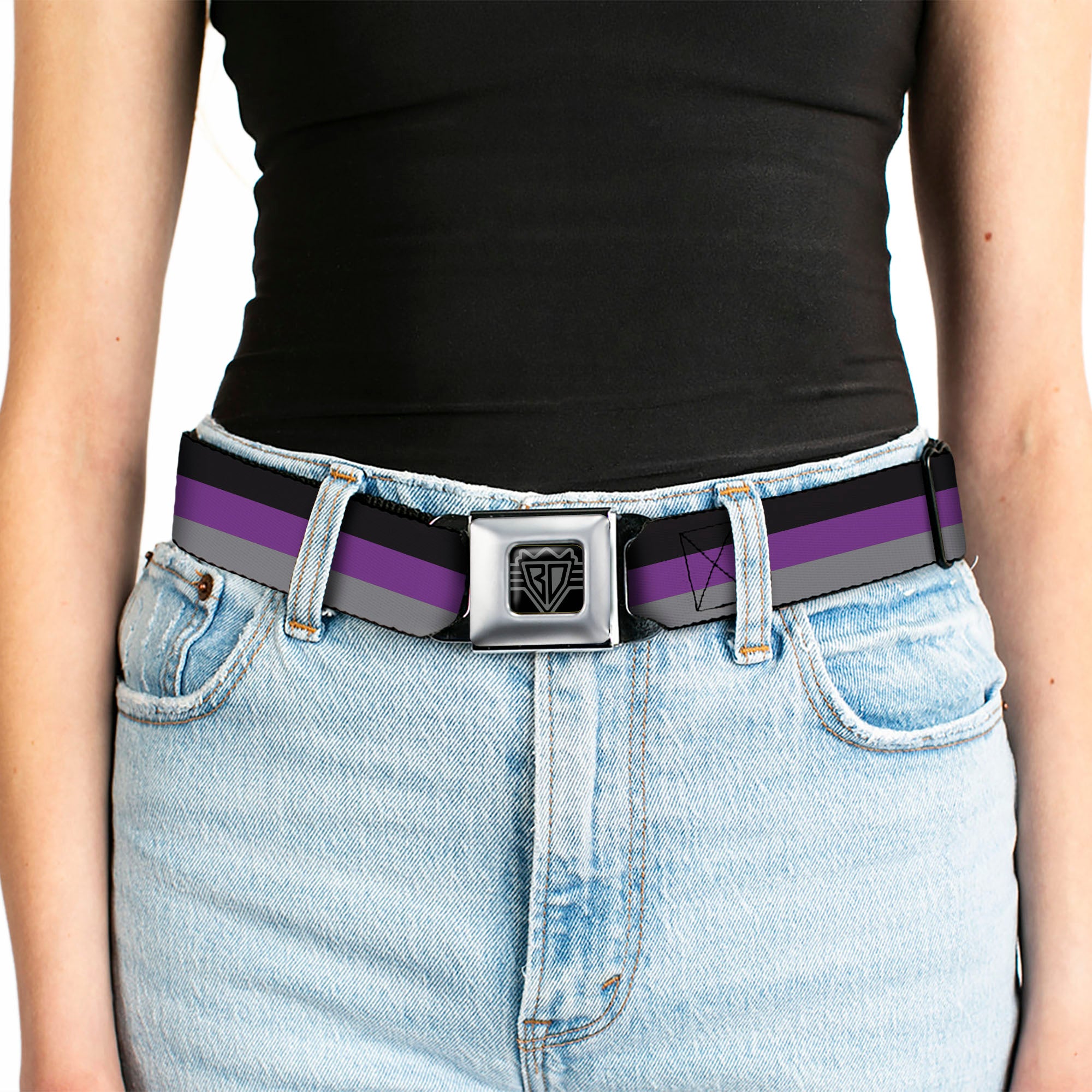 BD Wings Logo CLOSE-UP Full Color Black Silver Seatbelt Belt - Stripes Black/Purple/Gray Webbing Seatbelt Belts Buckle-Down