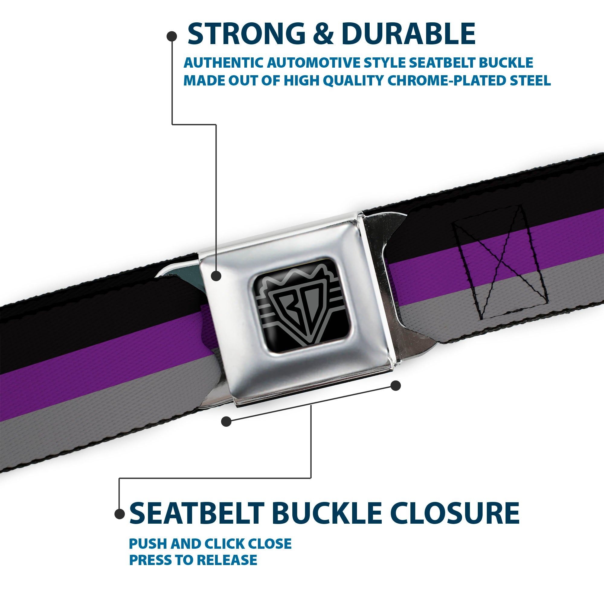 BD Wings Logo CLOSE-UP Full Color Black Silver Seatbelt Belt - Stripes Black/Purple/Gray Webbing Seatbelt Belts Buckle-Down