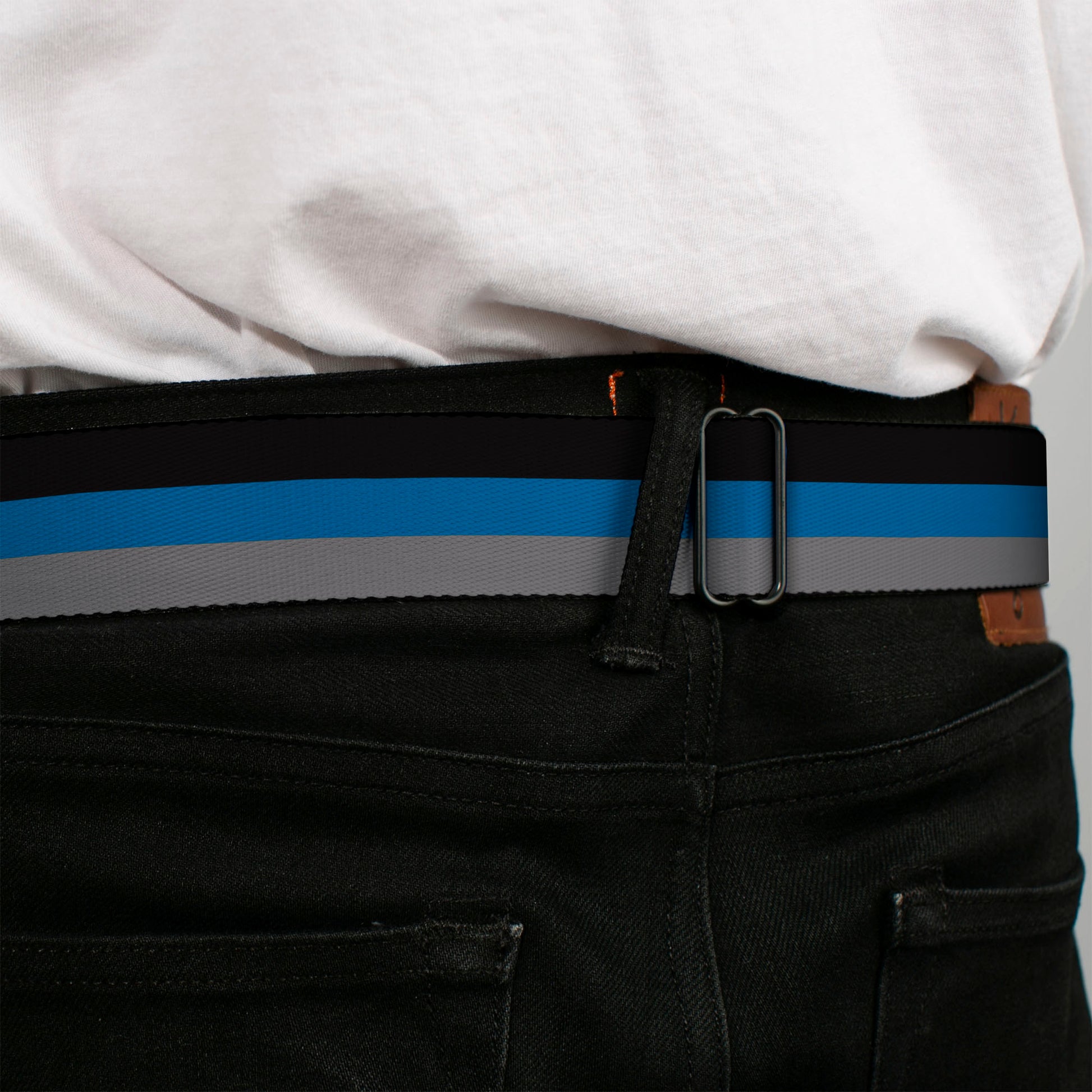 BD Wings Logo CLOSE-UP Full Color Black Silver Seatbelt Belt - Stripes Black/Turquoise/Gray Webbing Seatbelt Belts Buckle-Down