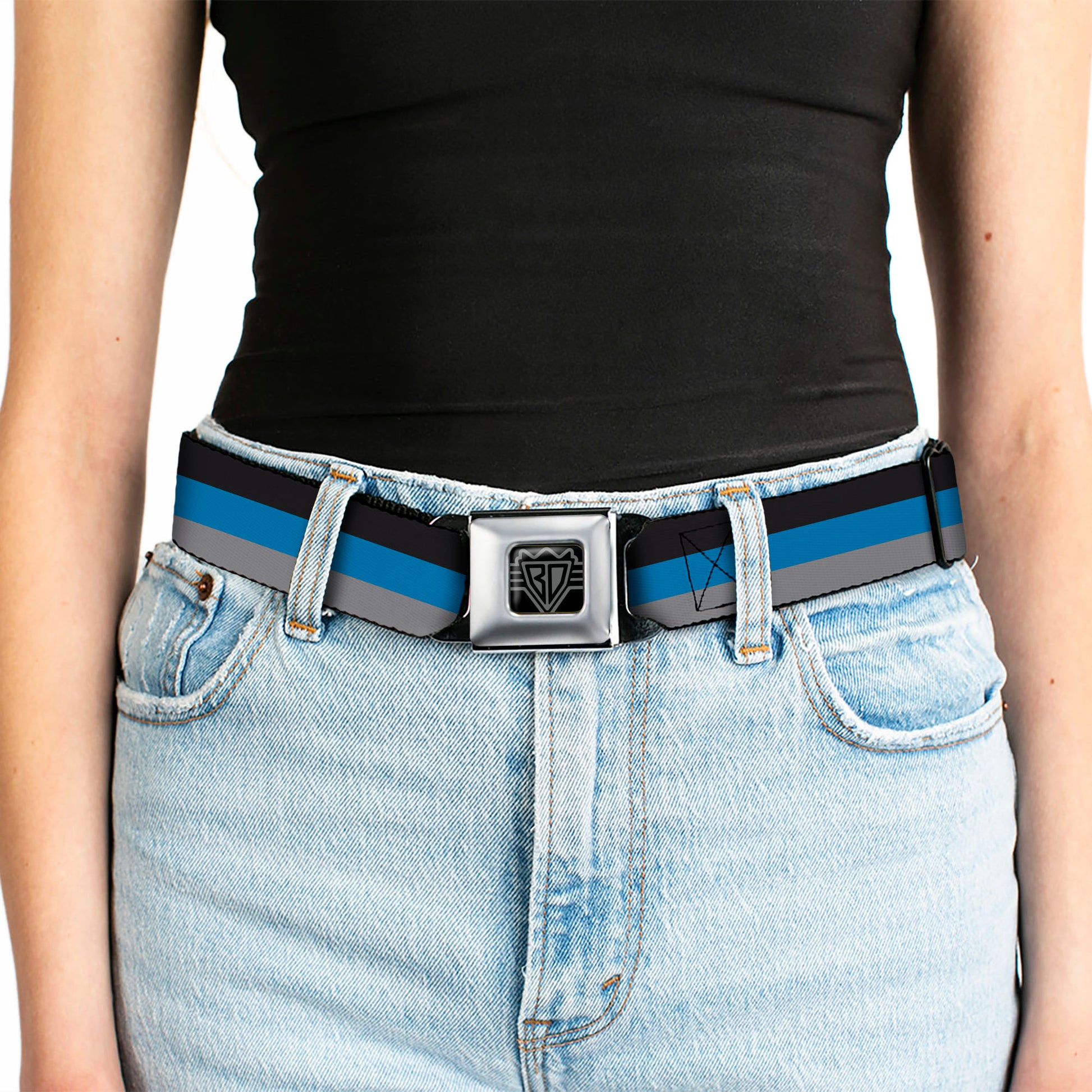 BD Wings Logo CLOSE-UP Full Color Black Silver Seatbelt Belt - Stripes Black/Turquoise/Gray Webbing Seatbelt Belts Buckle-Down