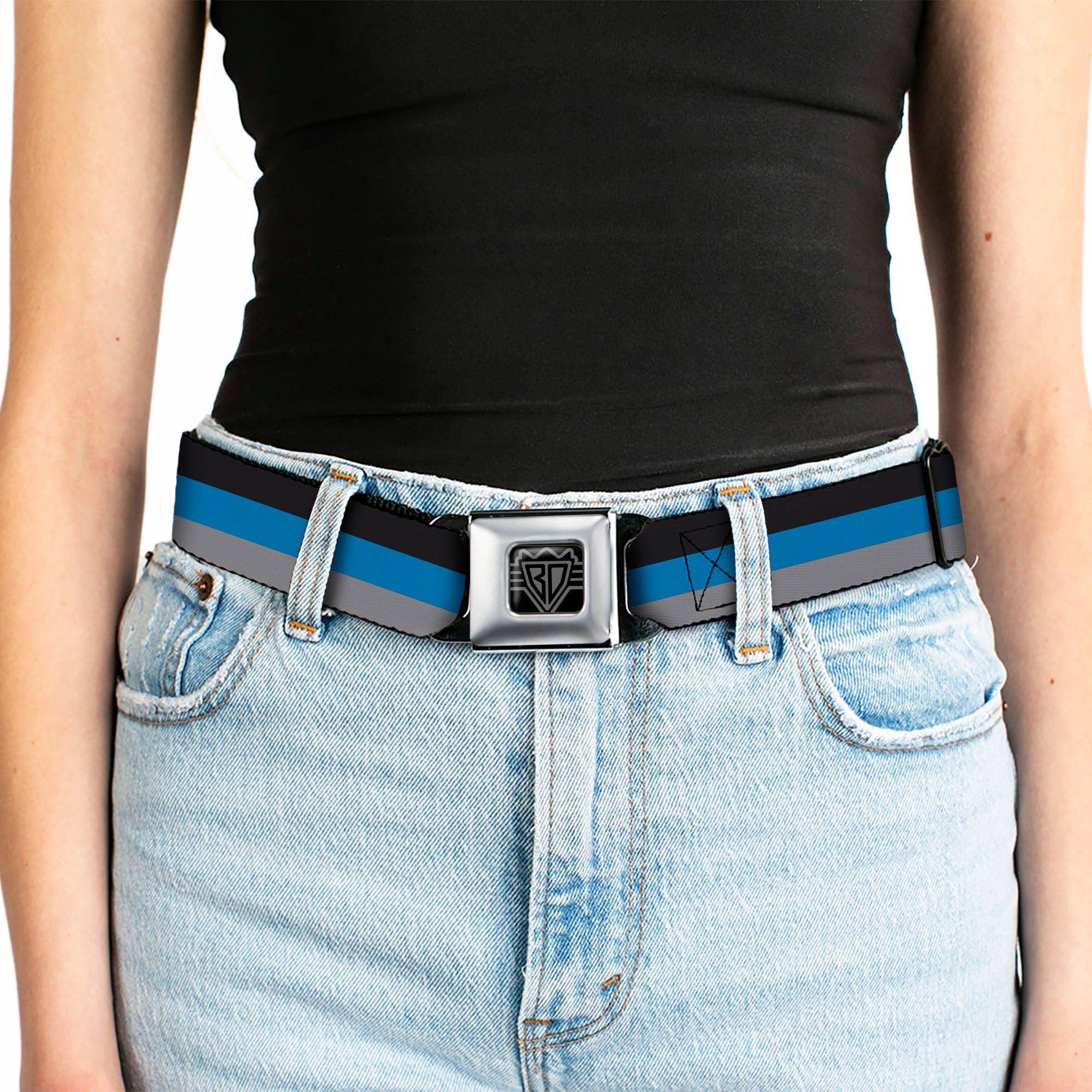 BD Wings Logo CLOSE-UP Full Color Black Silver Seatbelt Belt - Stripes Black/Turquoise/Gray Webbing Seatbelt Belts Buckle-Down