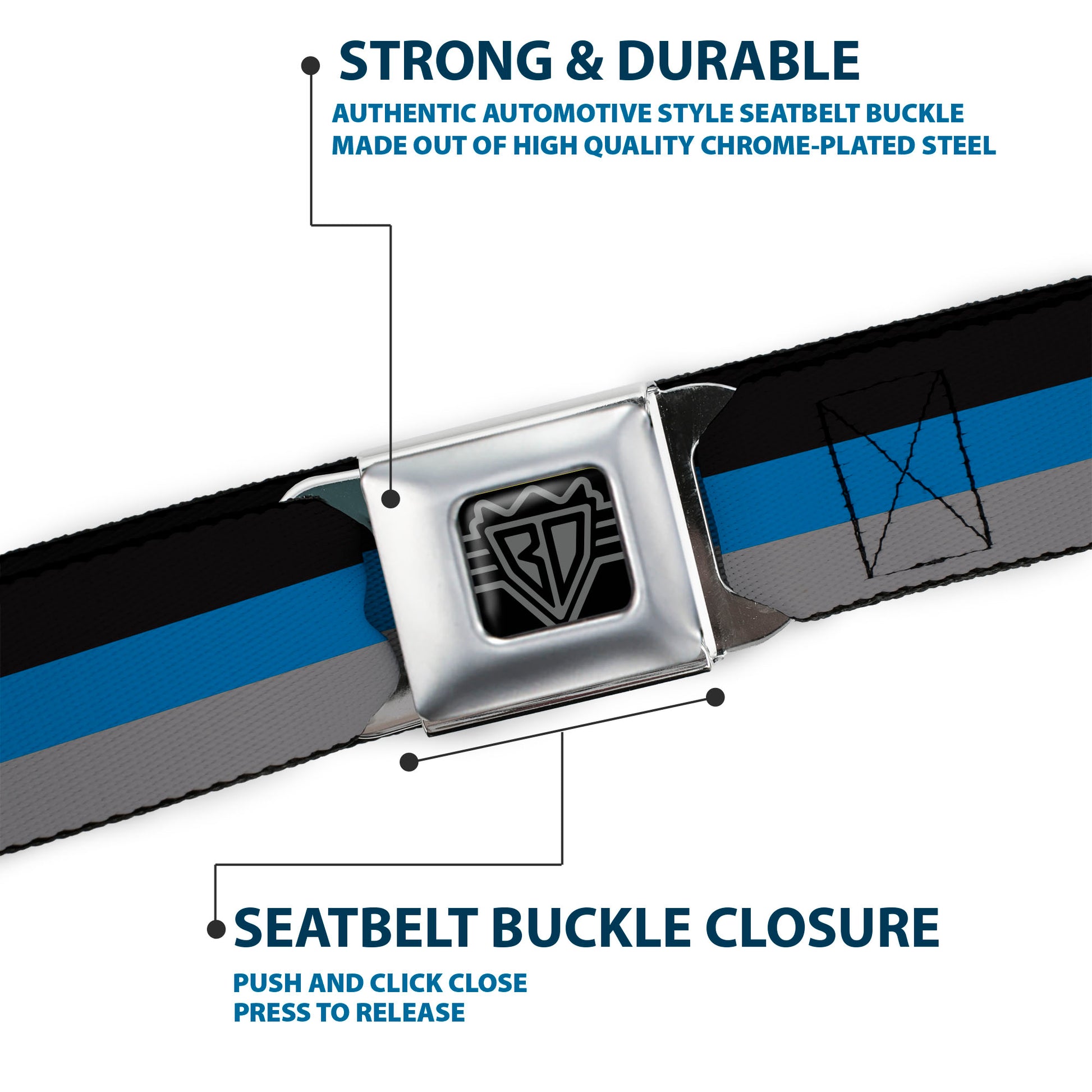 BD Wings Logo CLOSE-UP Full Color Black Silver Seatbelt Belt - Stripes Black/Turquoise/Gray Webbing Seatbelt Belts Buckle-Down