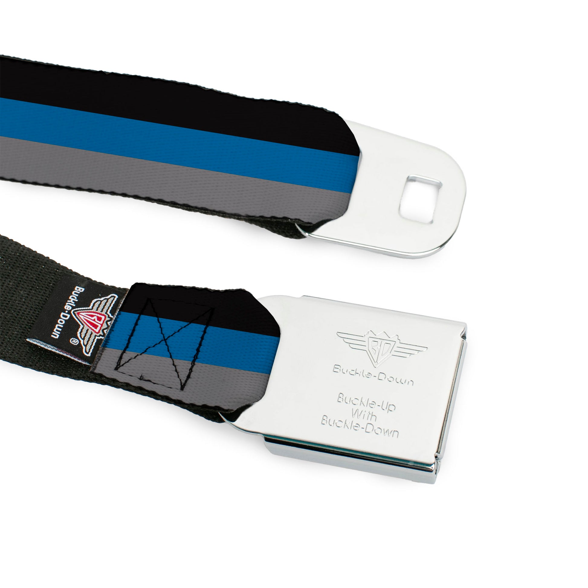 BD Wings Logo CLOSE-UP Full Color Black Silver Seatbelt Belt - Stripes Black/Turquoise/Gray Webbing Seatbelt Belts Buckle-Down