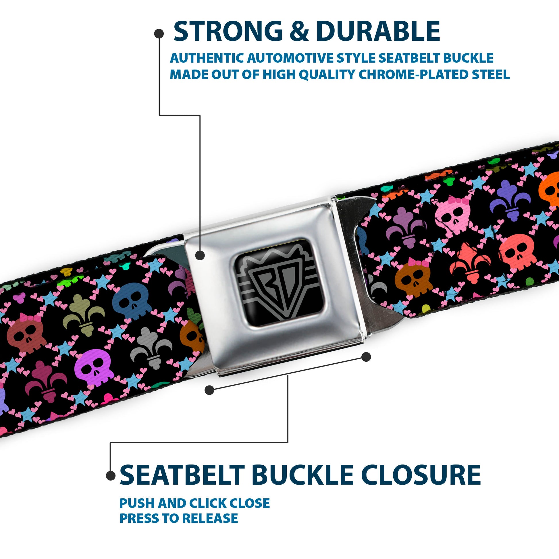 BD Wings Logo CLOSE-UP Full Color Black Silver Seatbelt Belt - Skull & Fleur-de-Lis Black/Multi Color Webbing Seatbelt Belts Buckle-Down