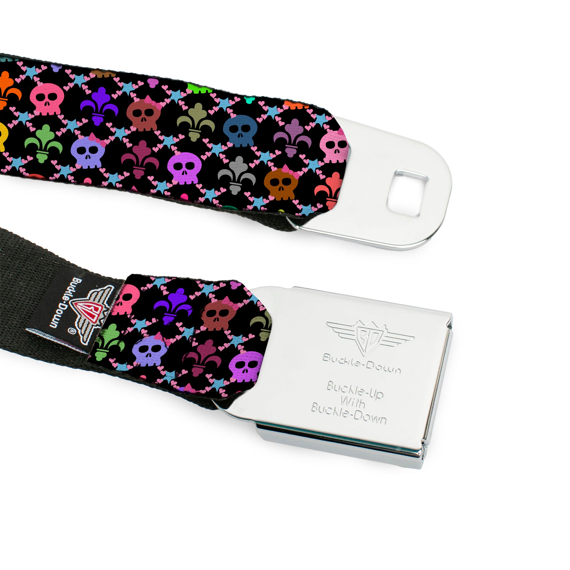 BD Wings Logo CLOSE-UP Full Color Black Silver Seatbelt Belt - Skull & Fleur-de-Lis Black/Multi Color Webbing Seatbelt Belts Buckle-Down