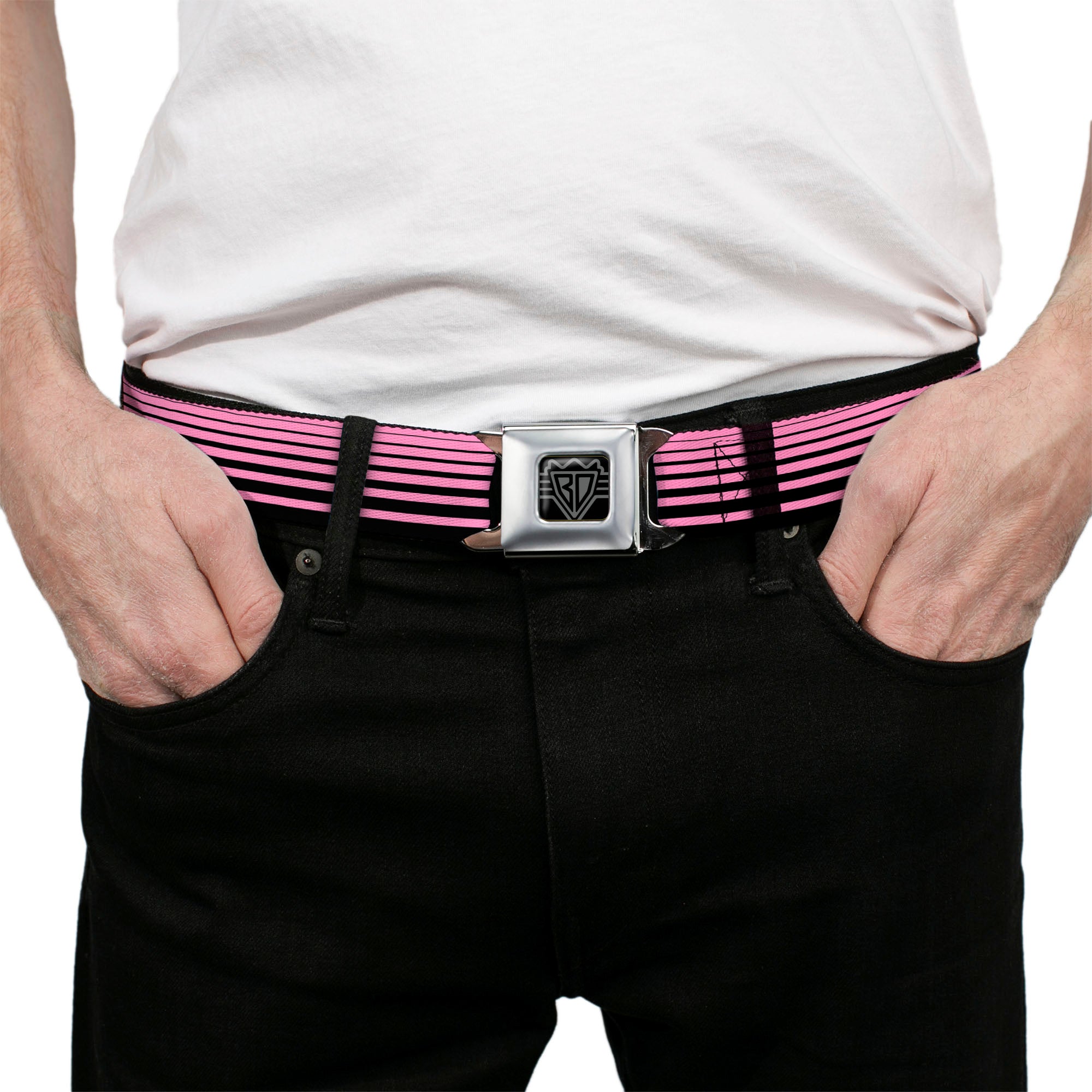 BD Wings Logo CLOSE-UP Full Color Black Silver Seatbelt Belt - Stripe Transition Black/Pink Webbing Seatbelt Belts Buckle-Down