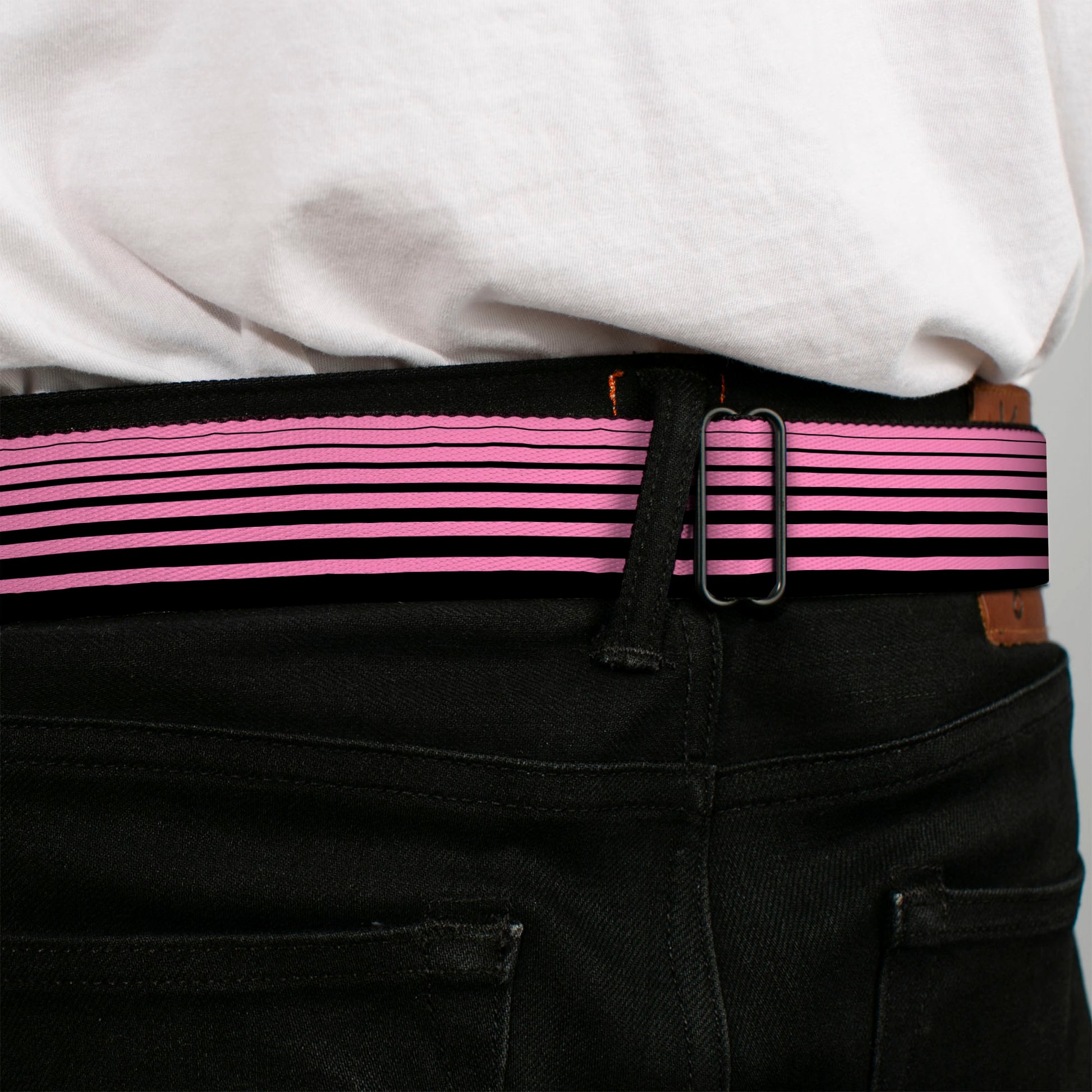 BD Wings Logo CLOSE-UP Full Color Black Silver Seatbelt Belt - Stripe Transition Black/Pink Webbing Seatbelt Belts Buckle-Down
